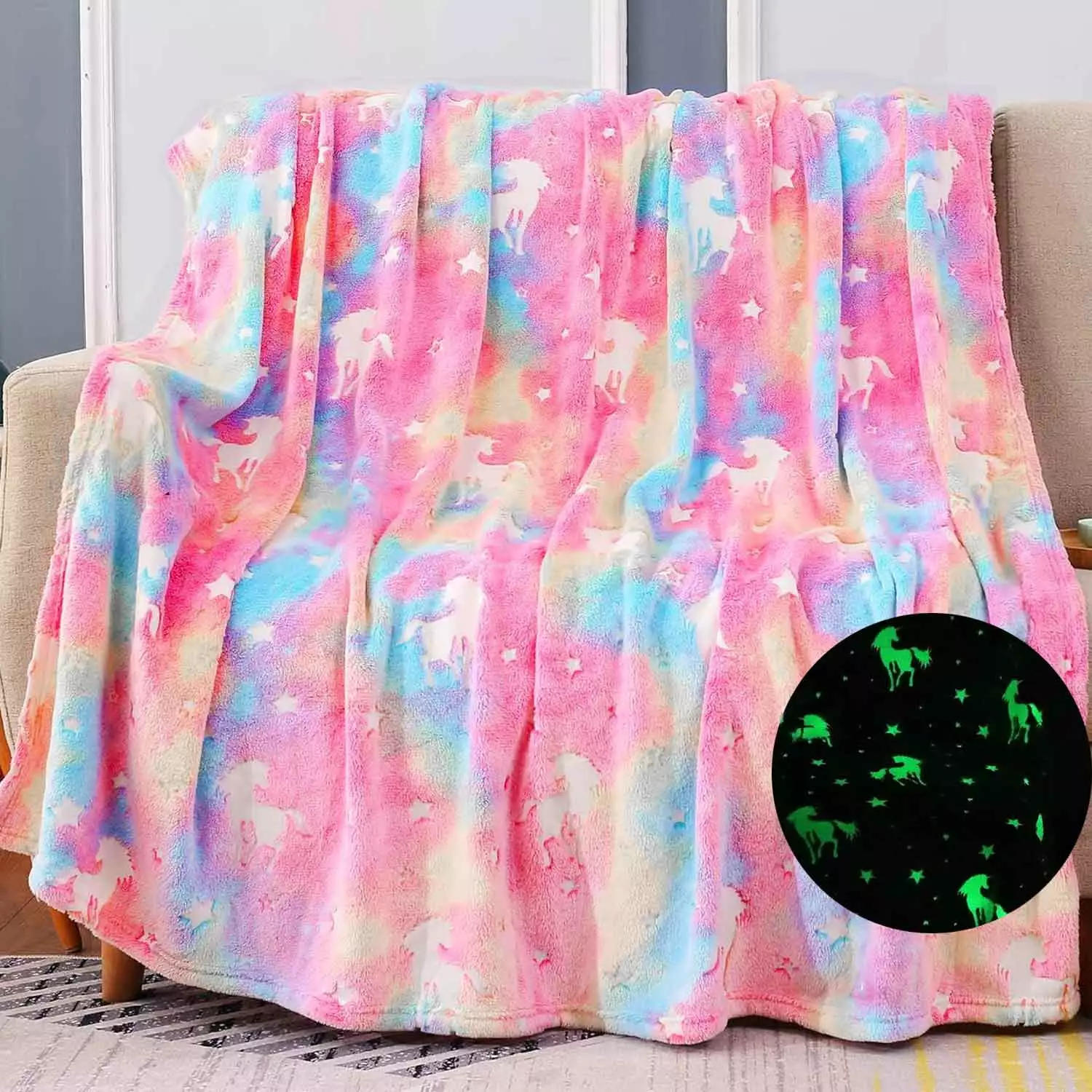 Glow Dark Throw Blanket Kids Girls Flannel Furry Fleece 60 x 50 Suorfoxs