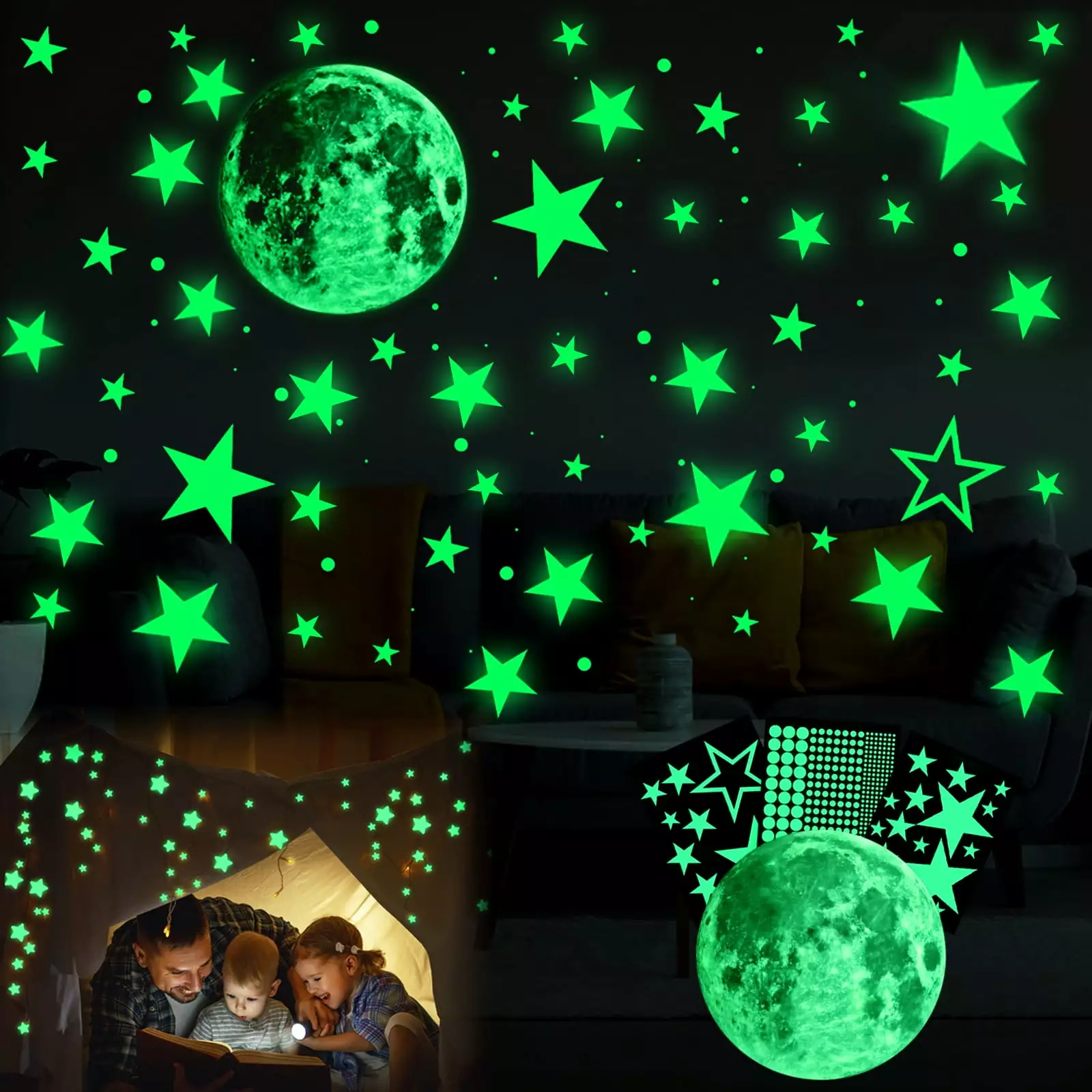 435pcs Glow Dark Stars Wall Stickers Luminous Moon Dot Ceiling Decor Teenagers EEEkit
