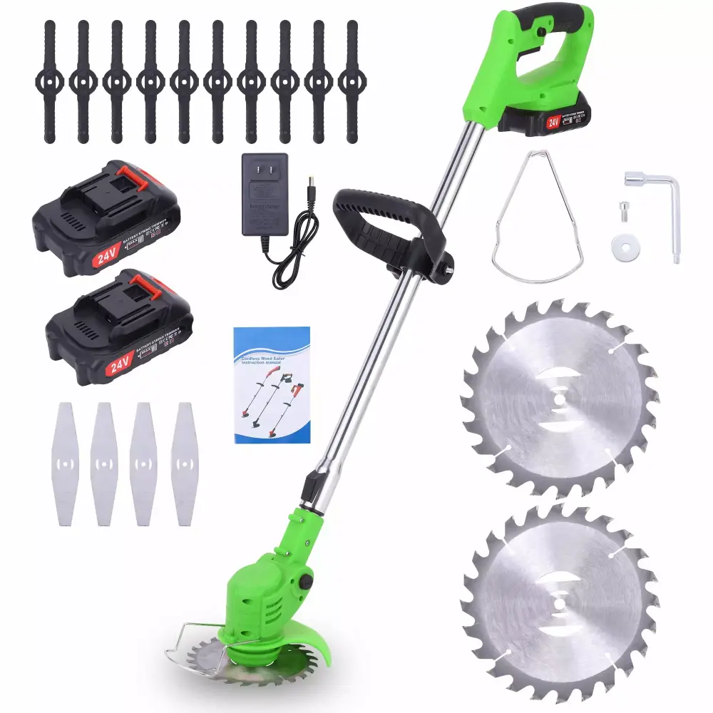 Travel-friendly Electric Cordless Grass Trimmer Multi-function Weed Eater 3 Saw Blades and 24V Battery