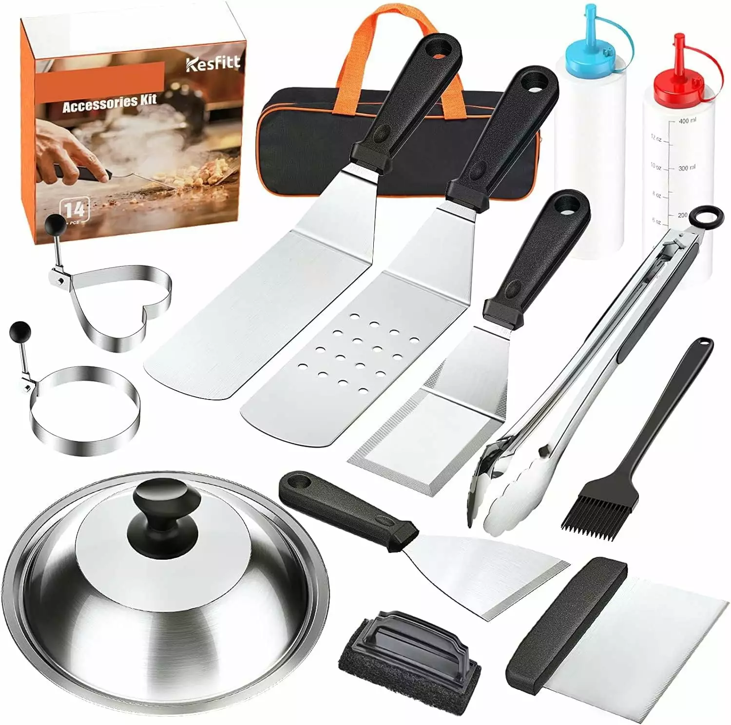 14-Piece Griddle Accessories Kit Blackstone and Camp Chef Enlarged Spatulas Basting Cover Scraper and Tongs Elemore Home