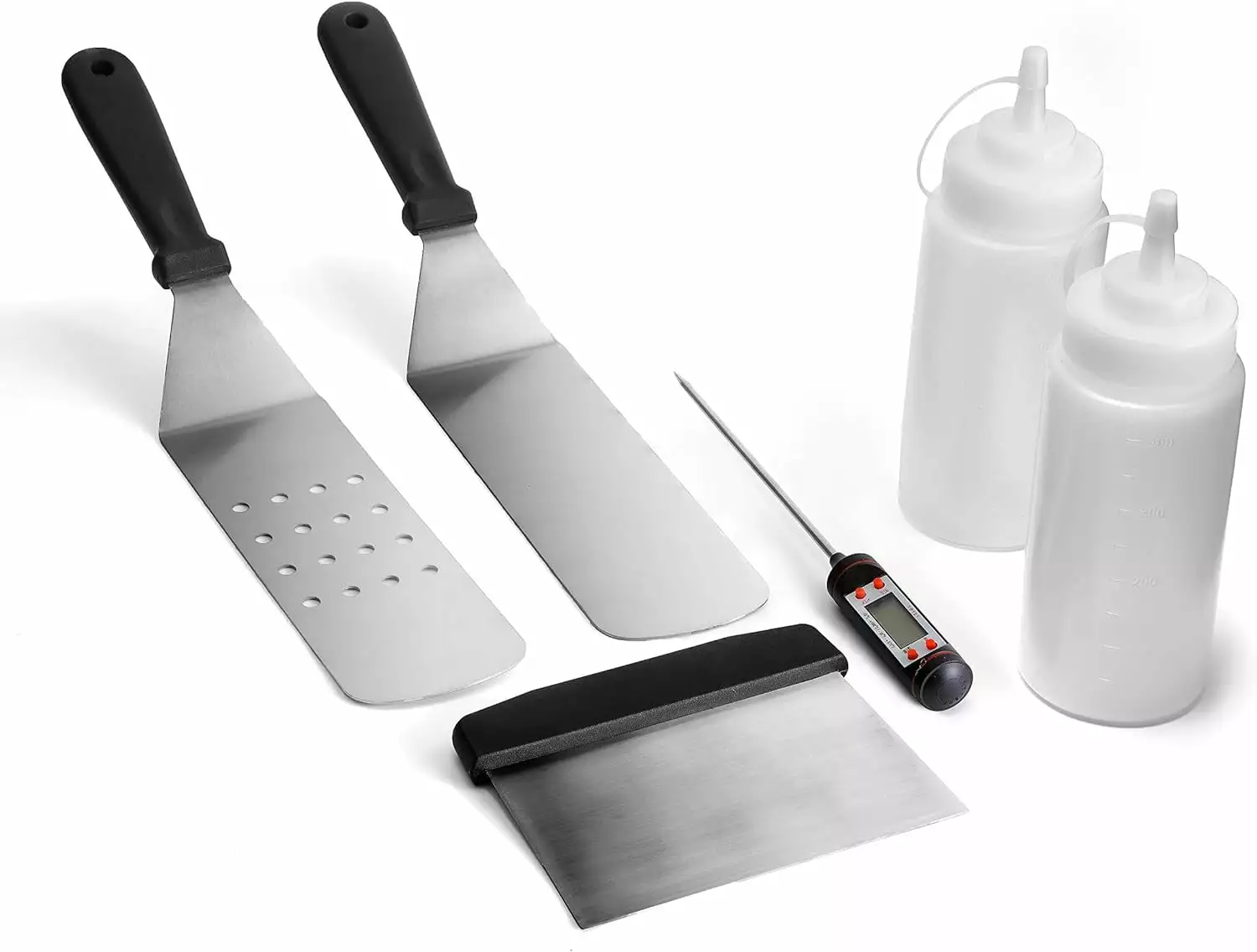 Yukon Glory Griddle Barbecue Tool Set Spatula Scraper Meat Thermometer and Squeeze Bottles