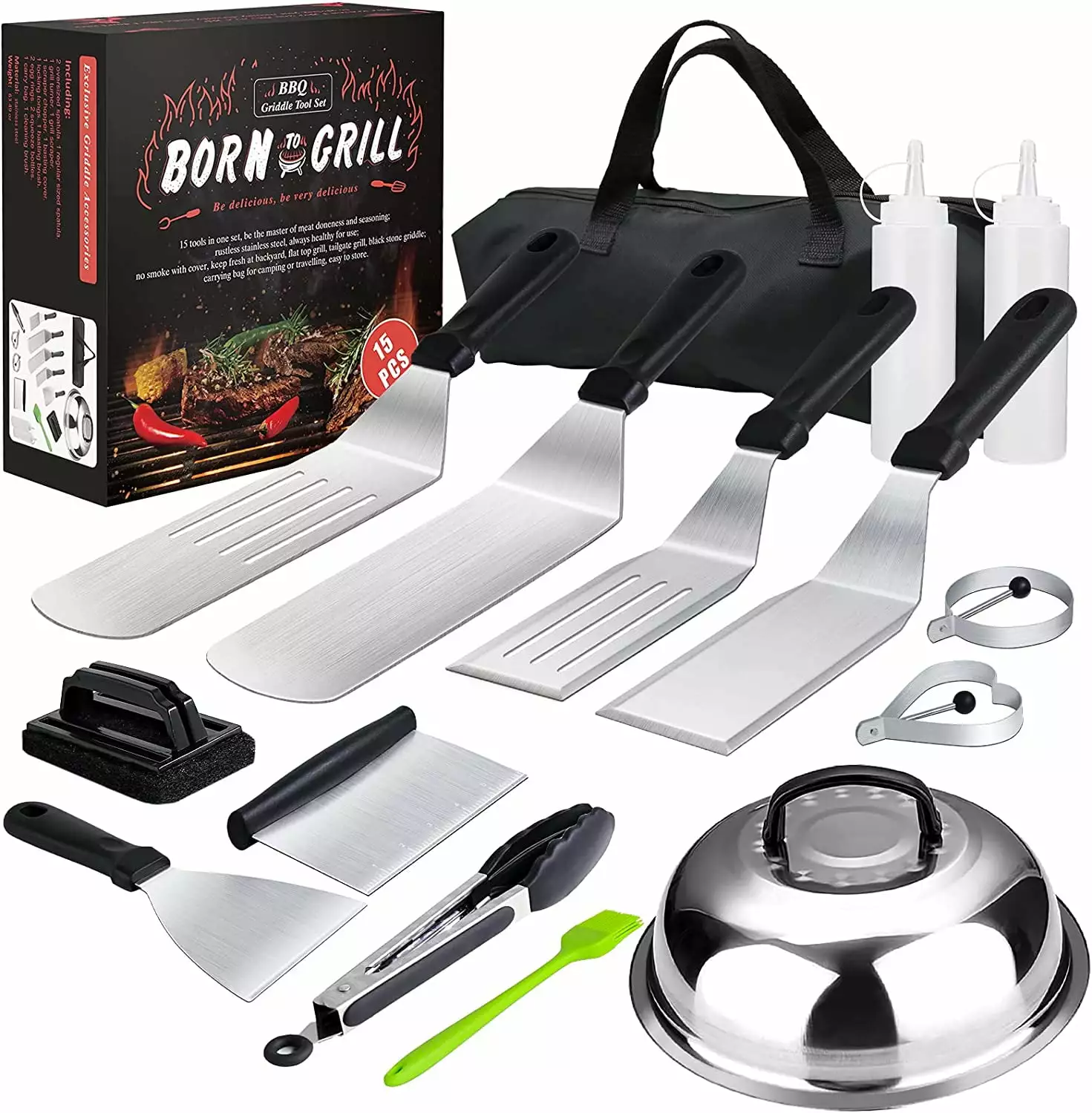 15 Pcs Flat Top Grill Accessories Kit Blackstone and Camp Spatula and Tongs TRAHOO