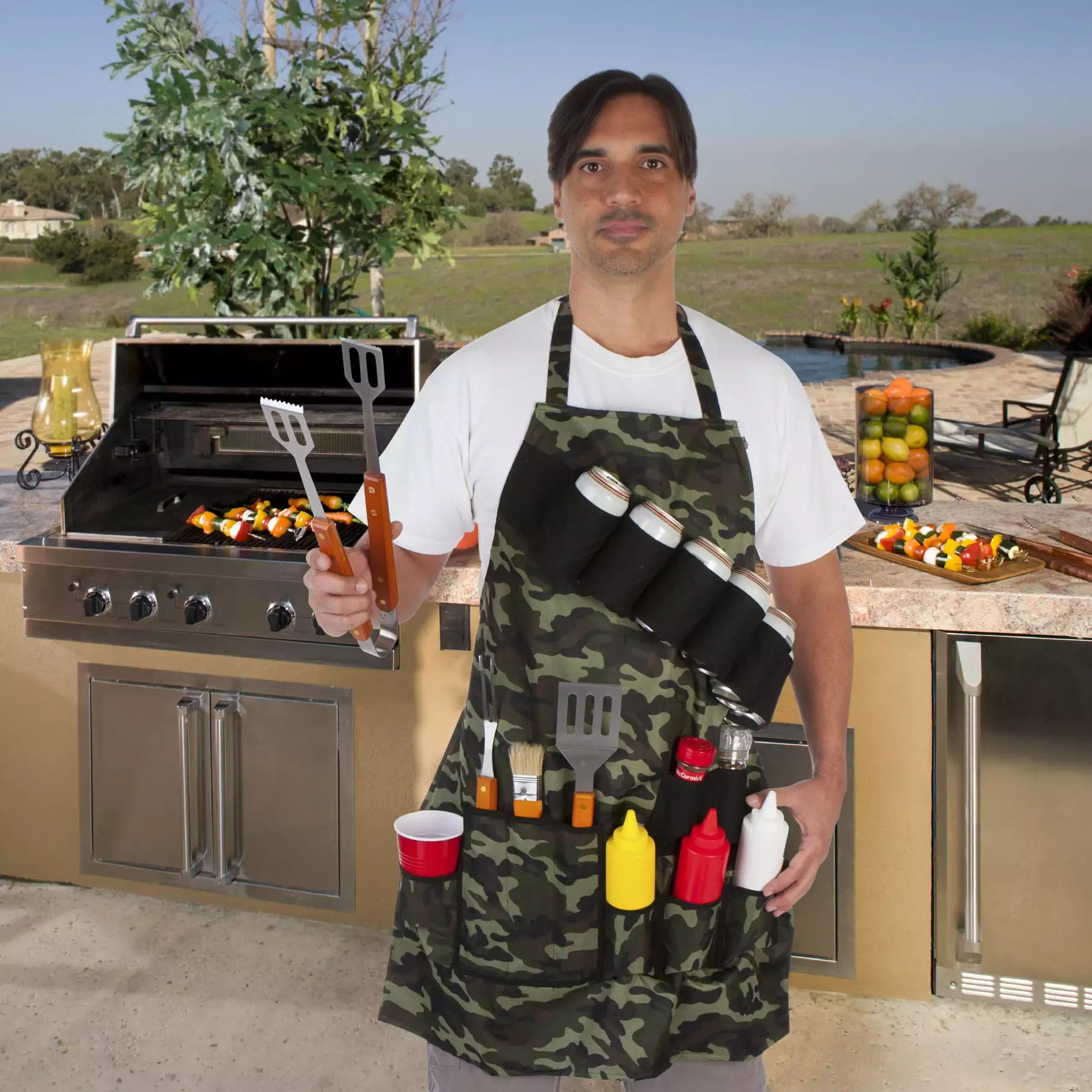 Grill Master Grill Apron and Accessory Beverage and Tool Holder Camouflage Design EZ Drinker