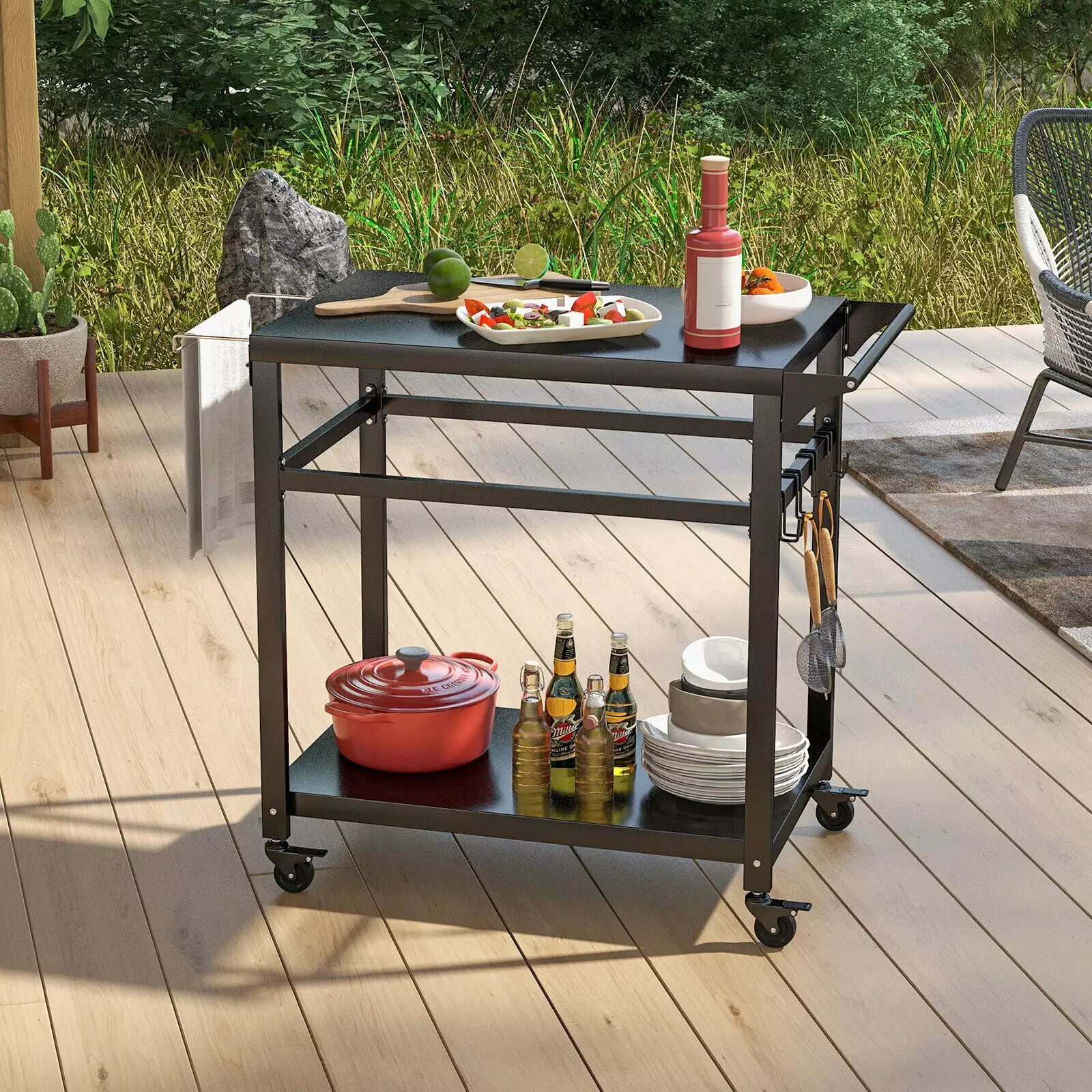Amijoy Outdoor Grill Cart Pizza Oven Stand Movable Dining Cart Work Table Shelf Barbecue Kitchen