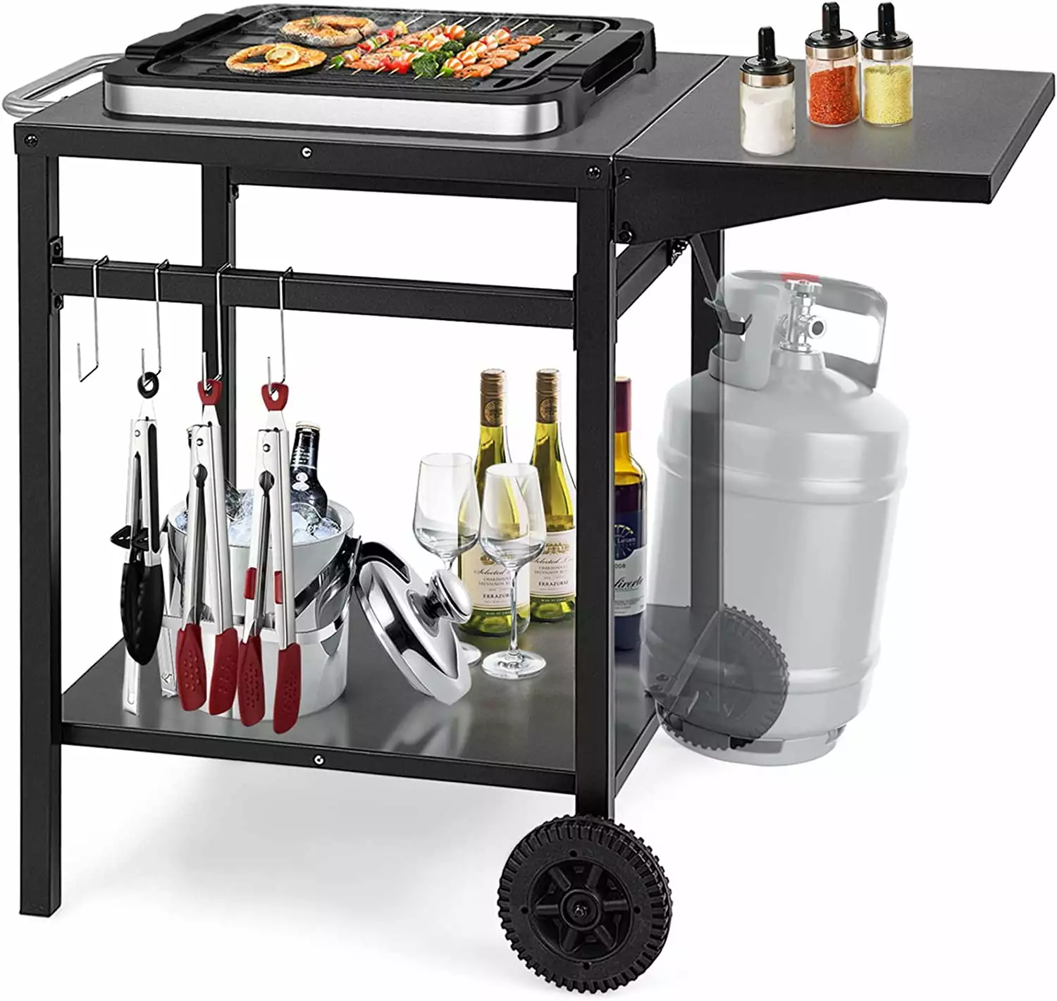 Outdoor Pizza Oven Stand Grill Cart Wheels and Foldable Side Table BBQ Cooking
