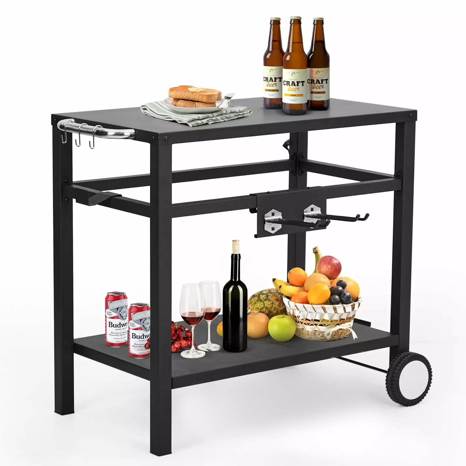 Outdoor Grill Cart Pizza Oven Stand BBQ Prep Table Wheels Hooks Side Handle Patio Camping Home Black PIONEERWORKS