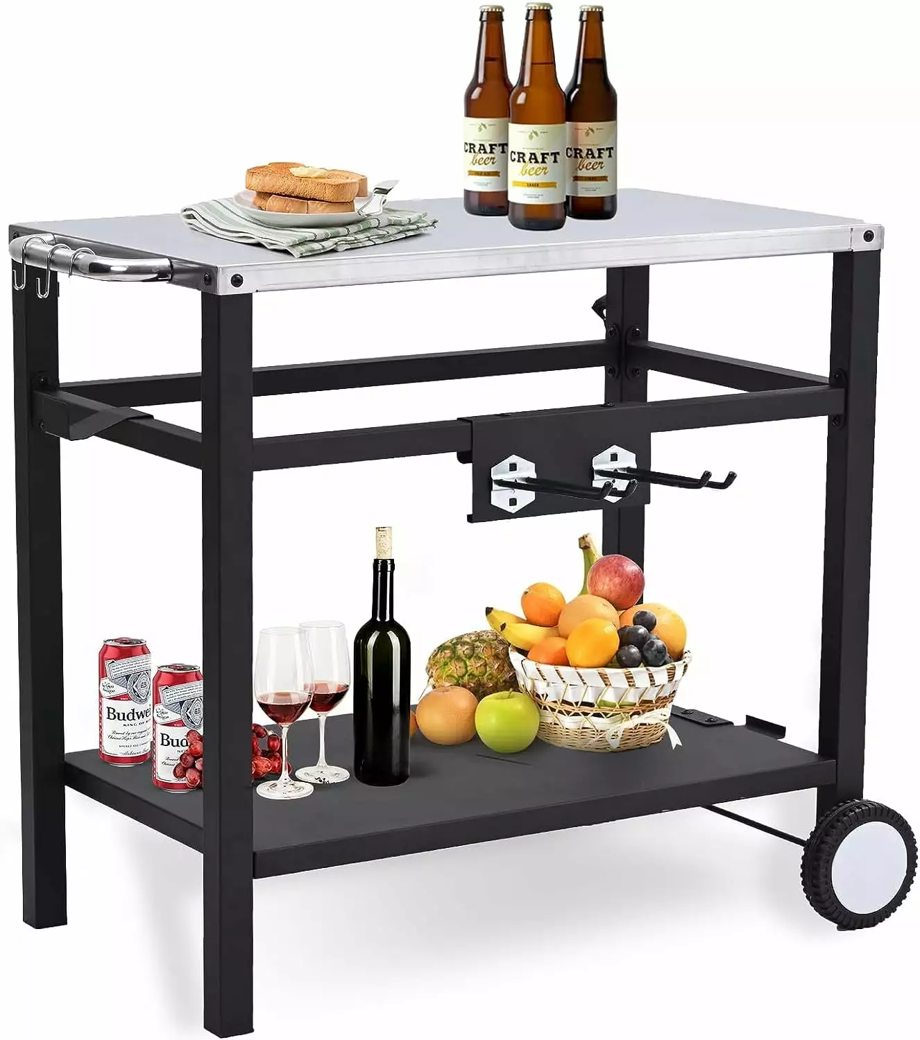 WhizMax Outdoor Grill Cart Pizza Oven Stand BBQ Prep Table Wheels Hooks and Side Handle Patio Camping