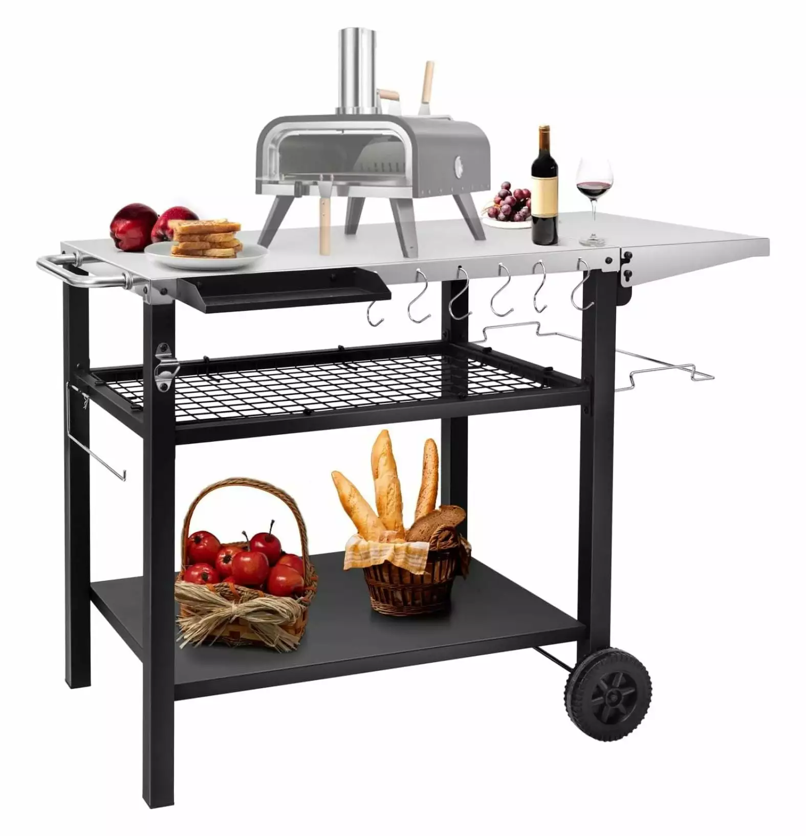 Exlonjet Outdoor Grill Cart Table Pizza Oven Stand Three-Shelf Stainless Steel Food Prep Table