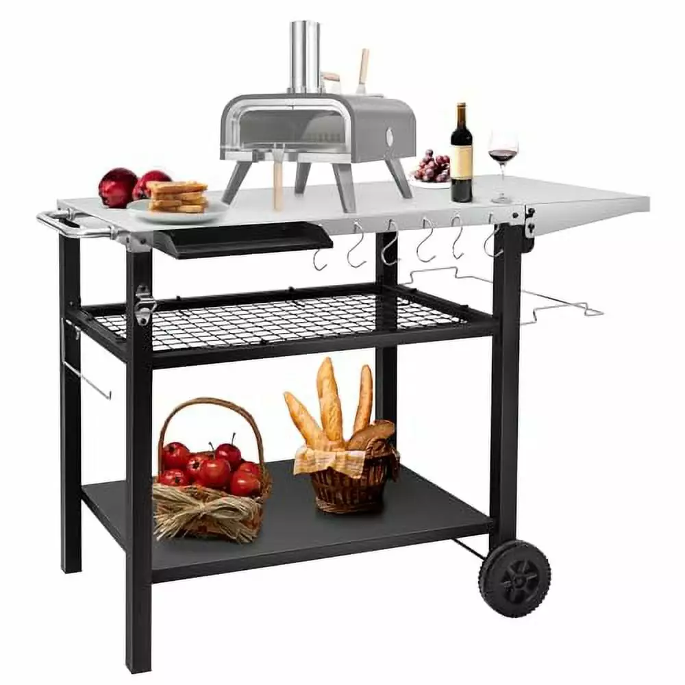 EDOSTORY Outdoor Grill Cart Table Pizza Oven Stand Three-Shelf Stainless Steel Food Prep Table Patio BBQ Grill Table shiji...