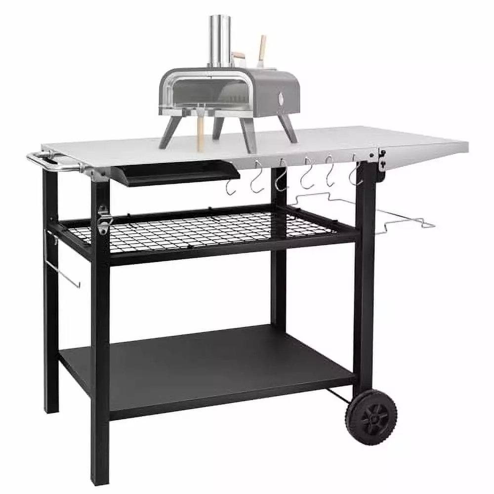 EDOSTORY Outdoor Grill Cart Table Pizza Oven Stand Three-Shelf Stainless Steel Food Prep Table Silver & Black TeviRoom