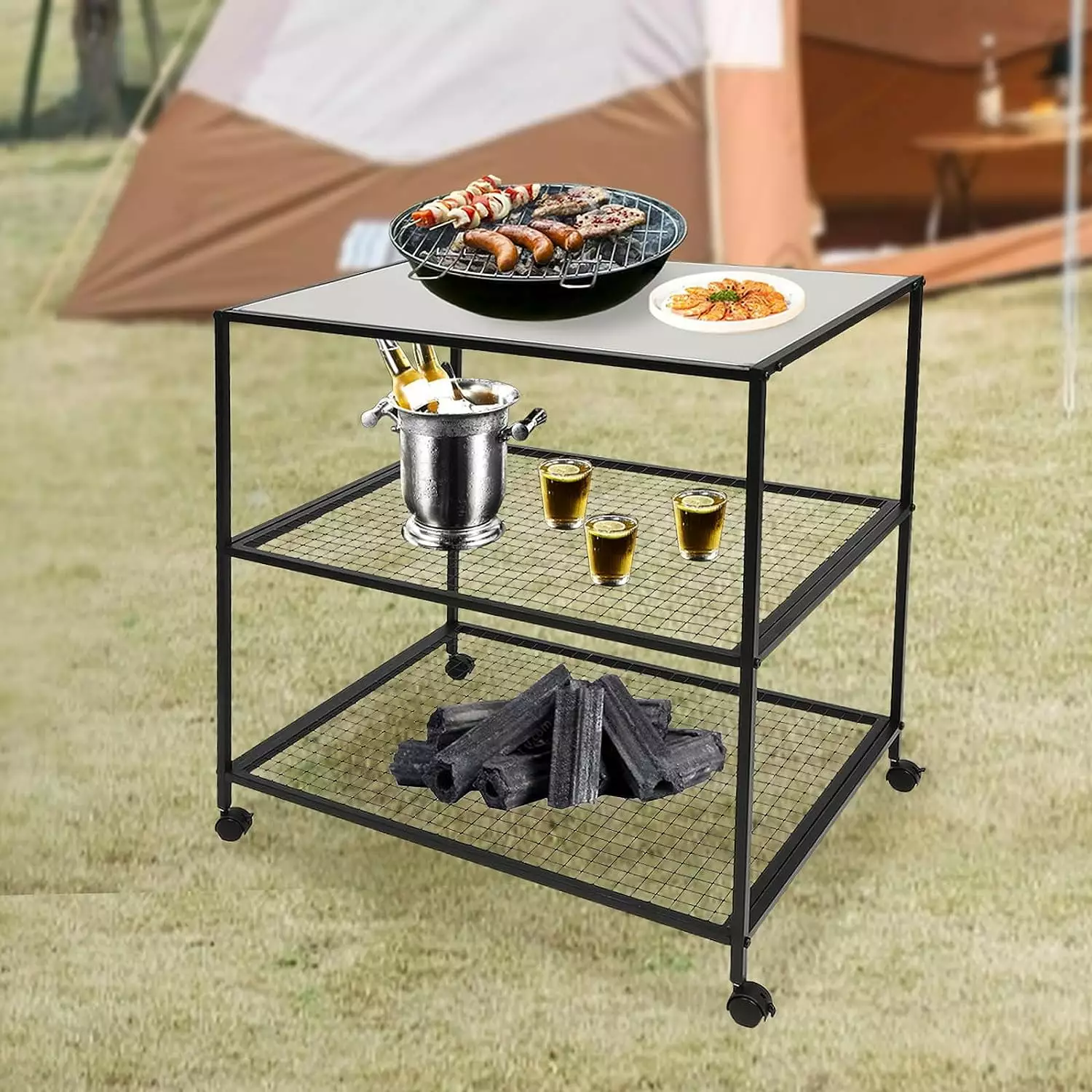 Fichiouy Outdoor Grill Cart Table Food Prep Table Grill Dining Cart Table