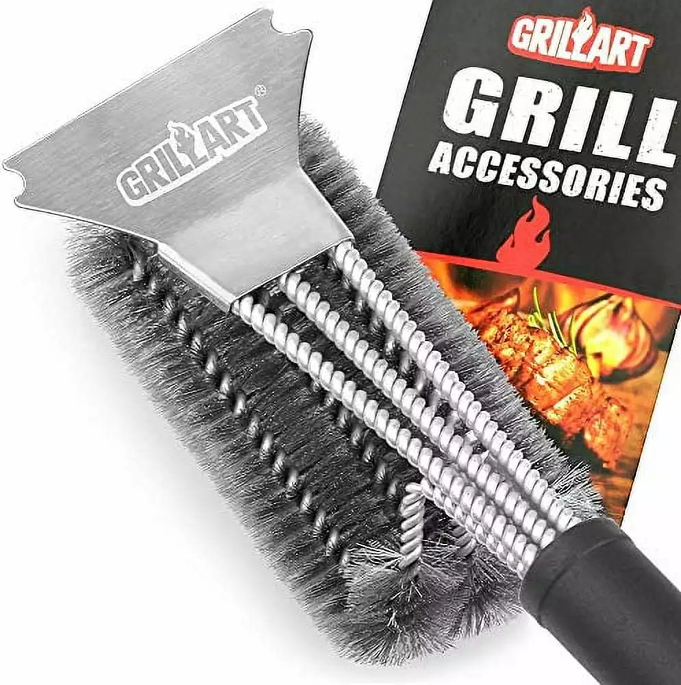 GRILLART Grill Brush and Scraper 3 1 Stainless Steel Woven Wire BBQ Cleaning Brush