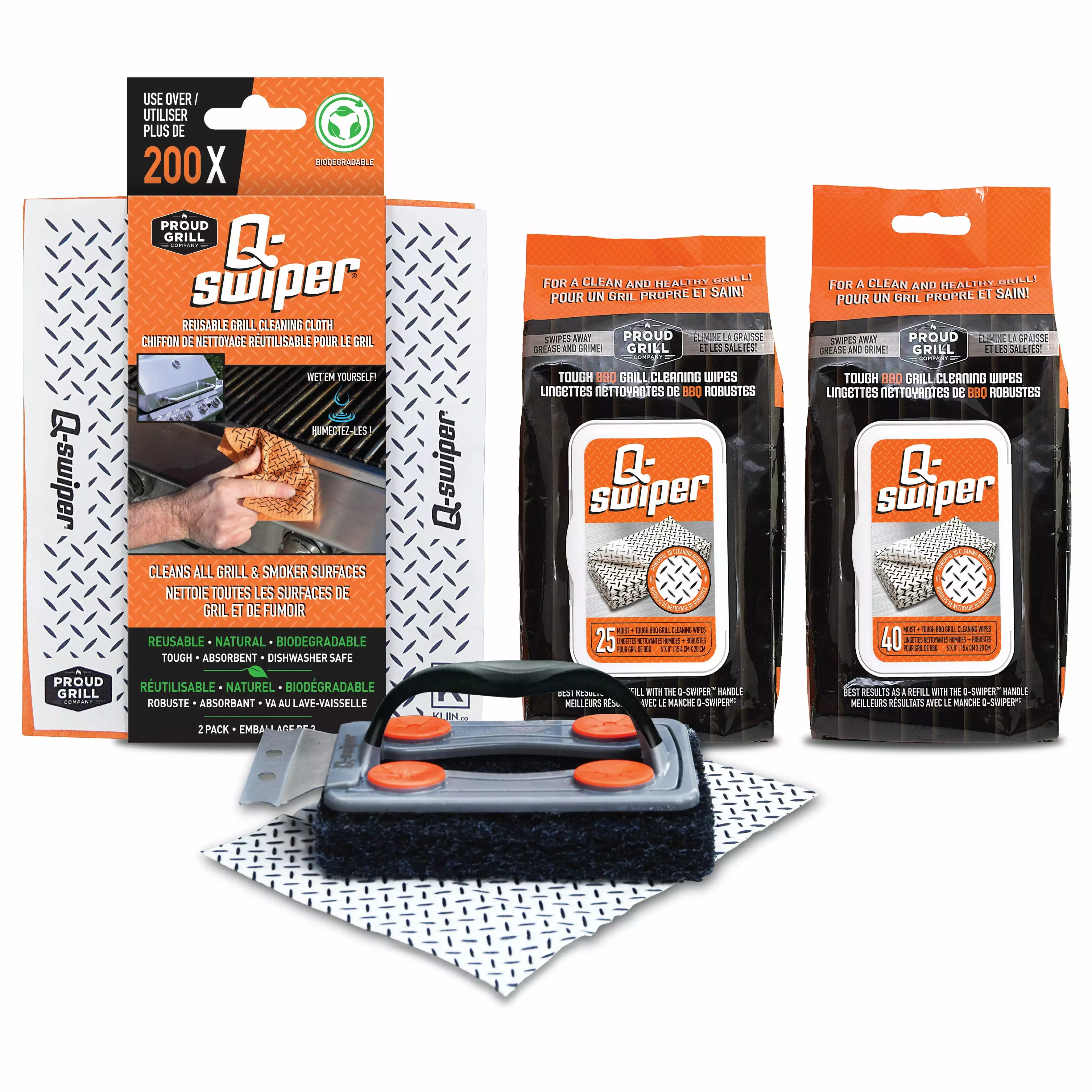 Q-Swiper BBQ Grill Cleaner Gift Bundle Set Brush Wipes and Reusable Cloths Complete Cleaning Proud Grill Company