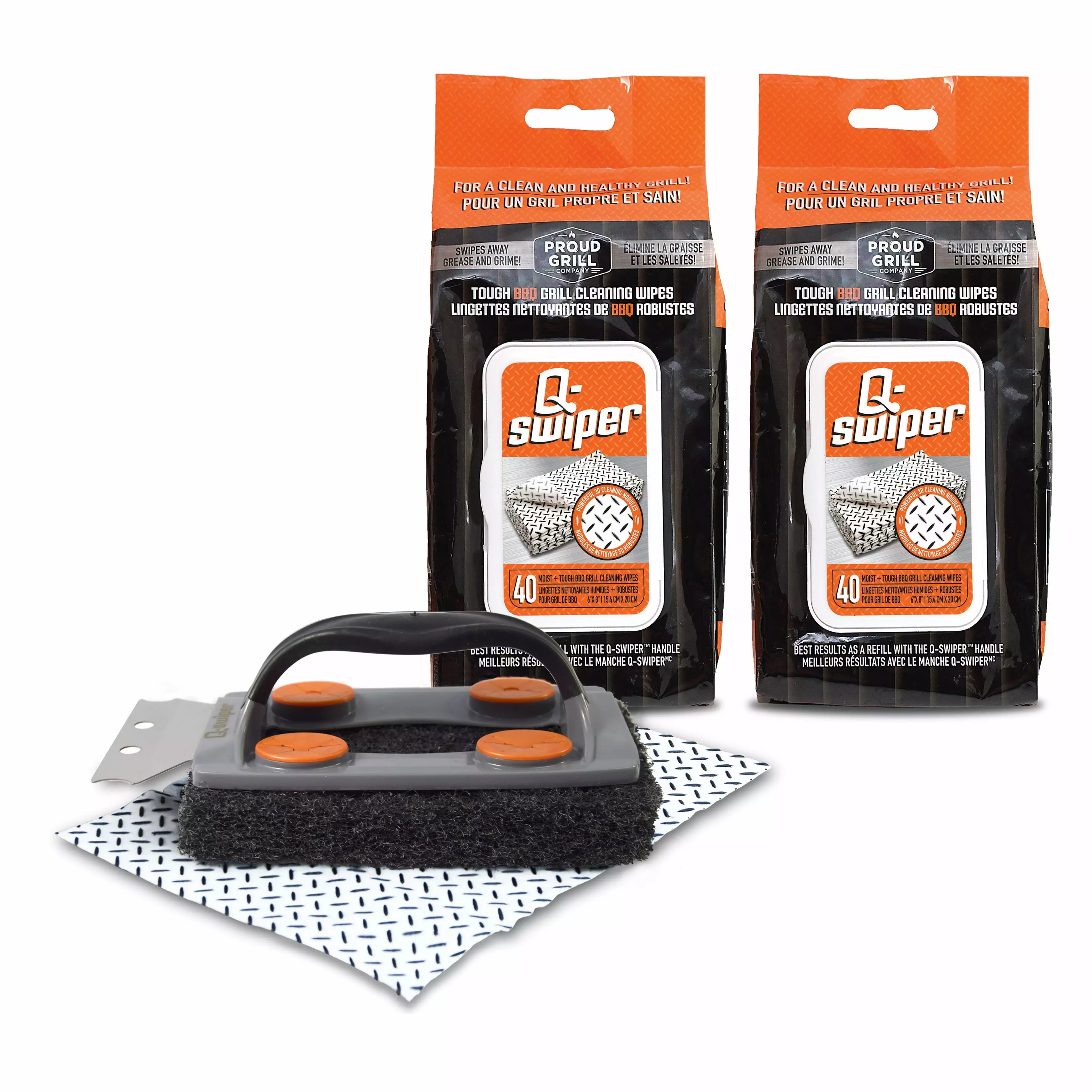 Q-Swiper BBQ Grill Cleaner Set Brush and 80 Cleaning Wipes Proud Grill Company
