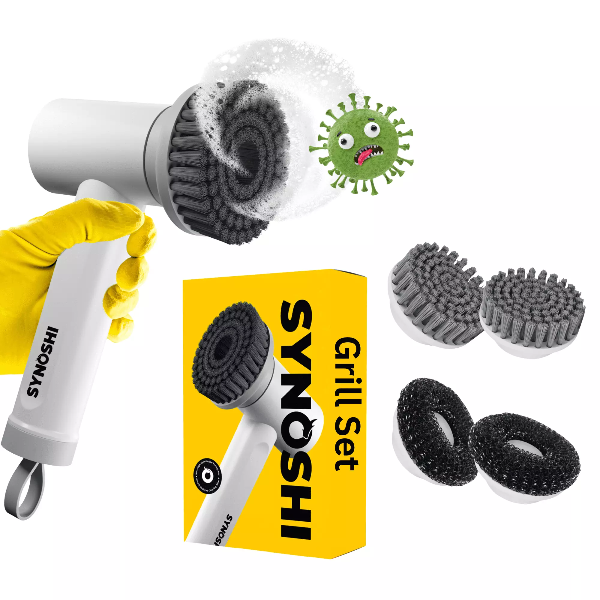Synoshi Electric Spin Scrubber Grill Set Round and Steel Brush Heads