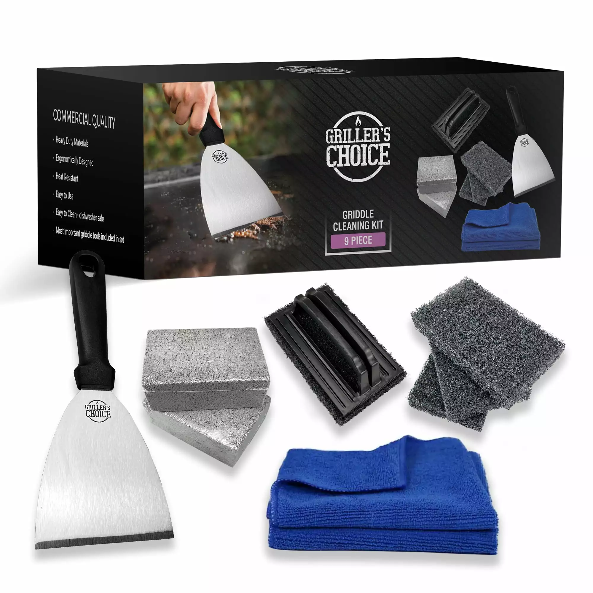 Griddle Cleaning Kit-Flat Top Grill Cleaner 2 Cleaning Block 2 Microfiber Clothes 4 Scouring Pad Grillers Choice