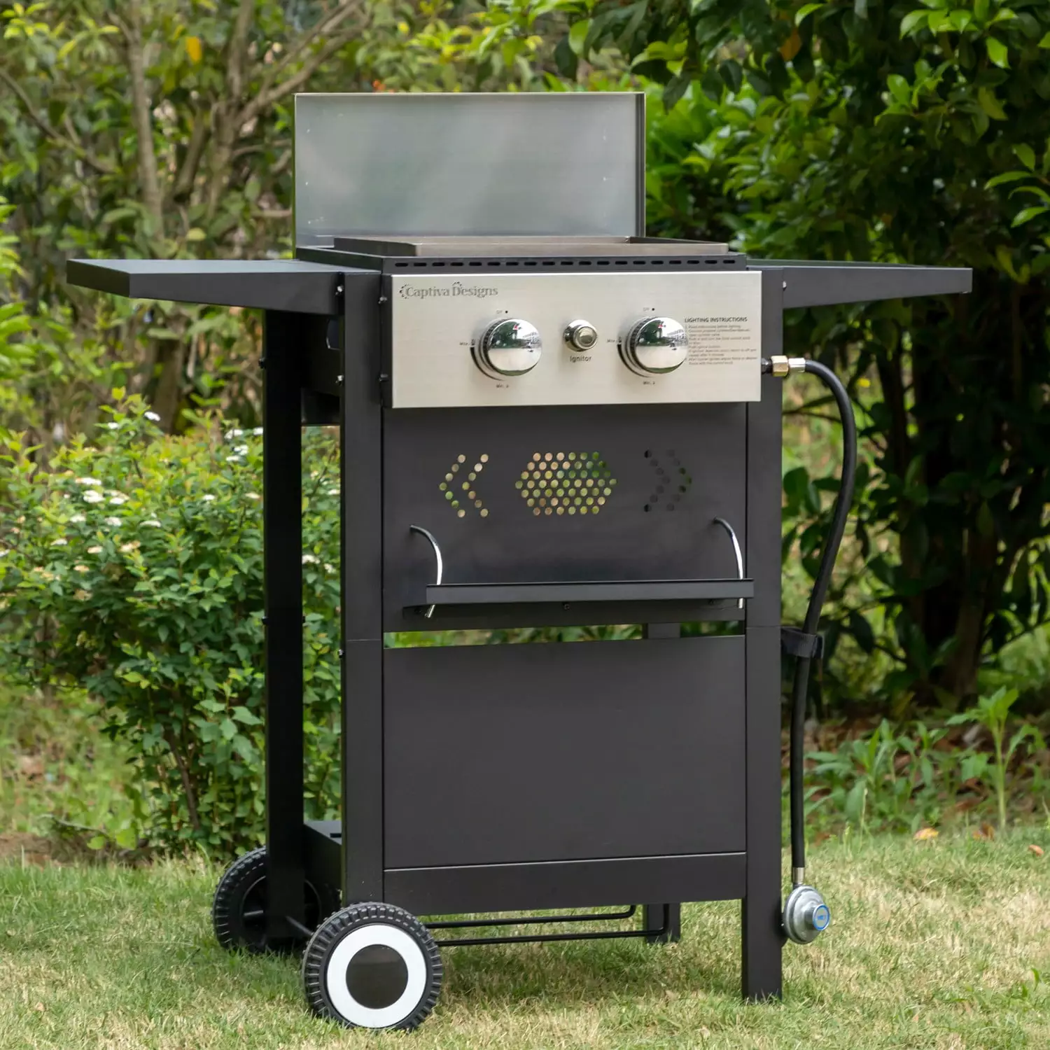 Summit Living 2-Burner Propane Grill and Griddle Cooking Station Side Shelves Black