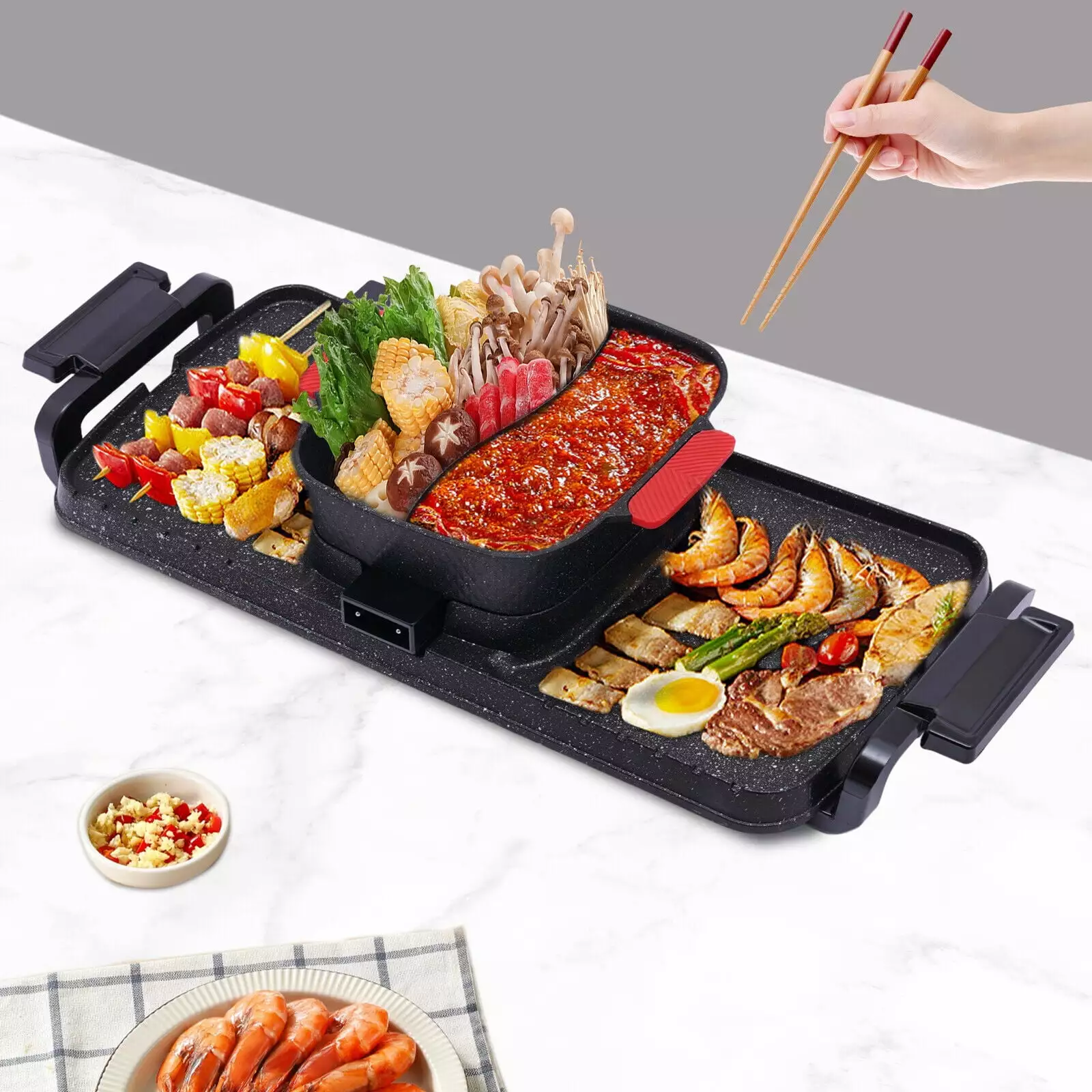 110V Large Capacity Hot Pot Grill Pan Separate Control Household New Black Detachable Travel-friendly Barbecue Grill
