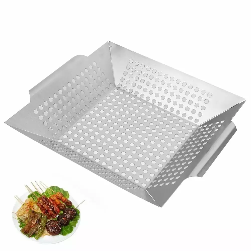 Square-Shaped Stainless Steel Grill Plate BBQ Binquireet Outdoor Barbecue Tool Holes High Temperature Resistant 305x350x60mm