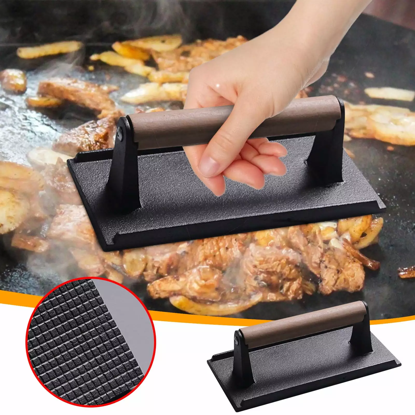 TOPUUTP Iron Meat Press Heavy-Duty Rectangular Grill Press Wooden Handle