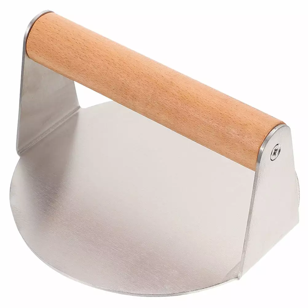Manual Meat Press Round Burger Smasher Griddle Metal Frying Pan Squeezer Stainless Steel Wood Bacon Flat Top Grill