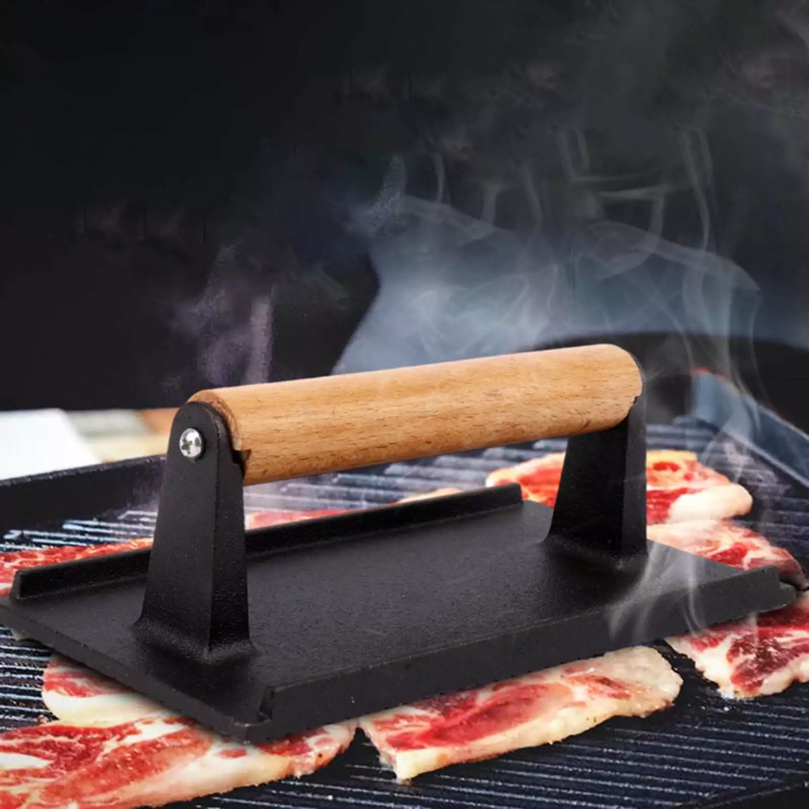 Rectangle Cast Iron Bacon Press Wood Handle Even-Heat Transfer Healthy Cooking MXZLYH