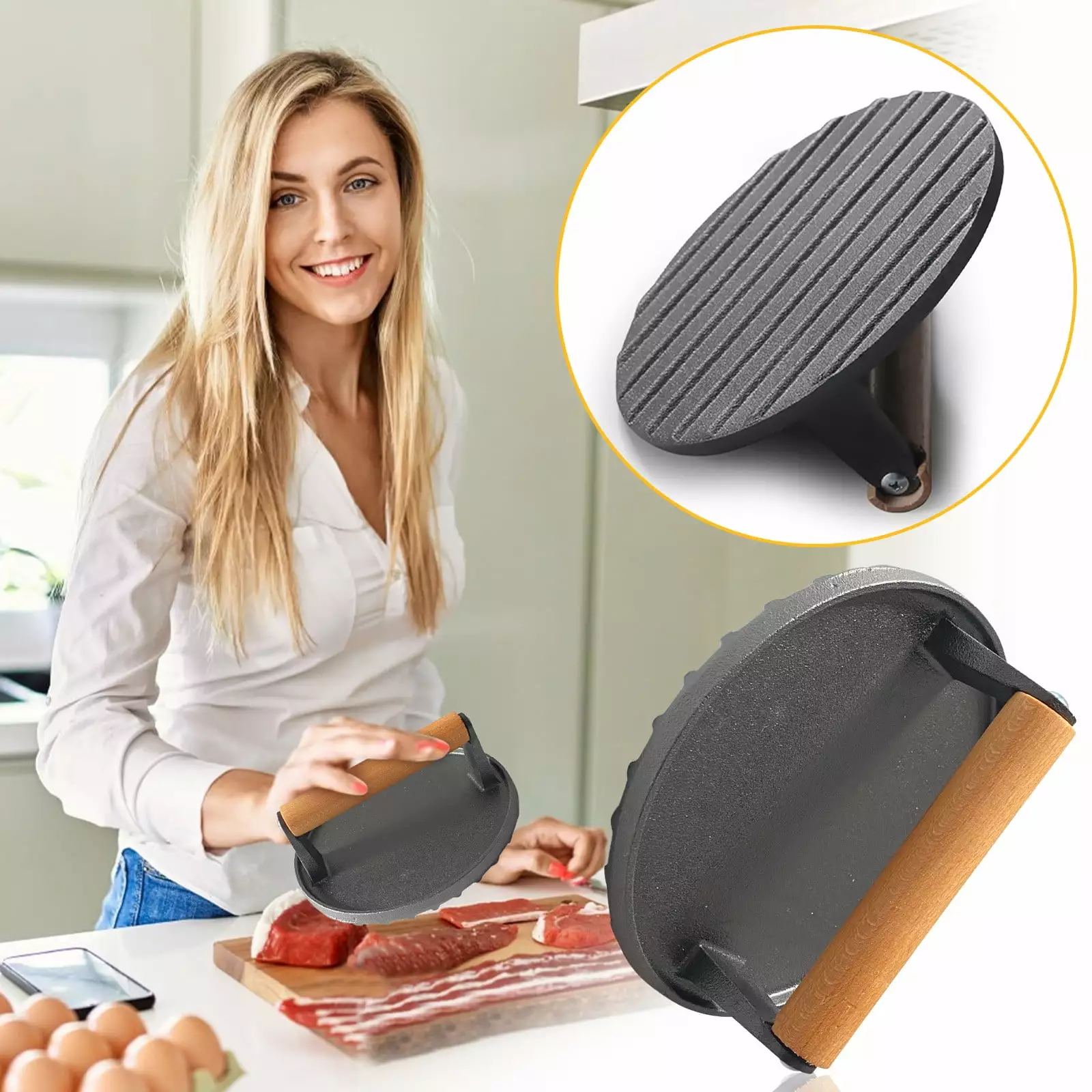 Meat Press Iron Round Grill Steak Iron Beech Wood Striped Iron Beech Handle Circular Circle Pressing Striped Print Grill P...