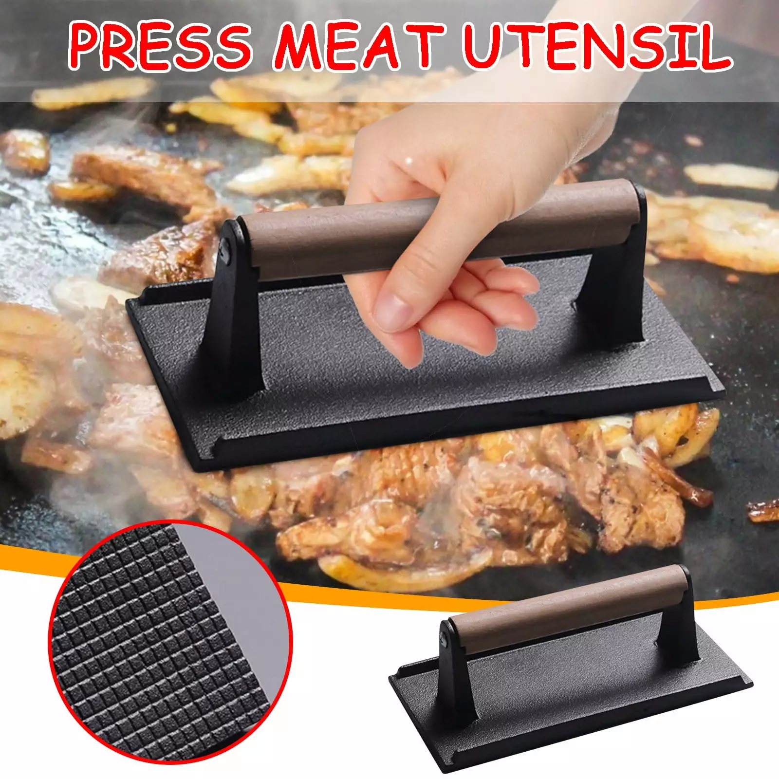 TOPUUTP Iron Meat Press Wooden Handle Rectangular Lattice Design Grilling and Cooking