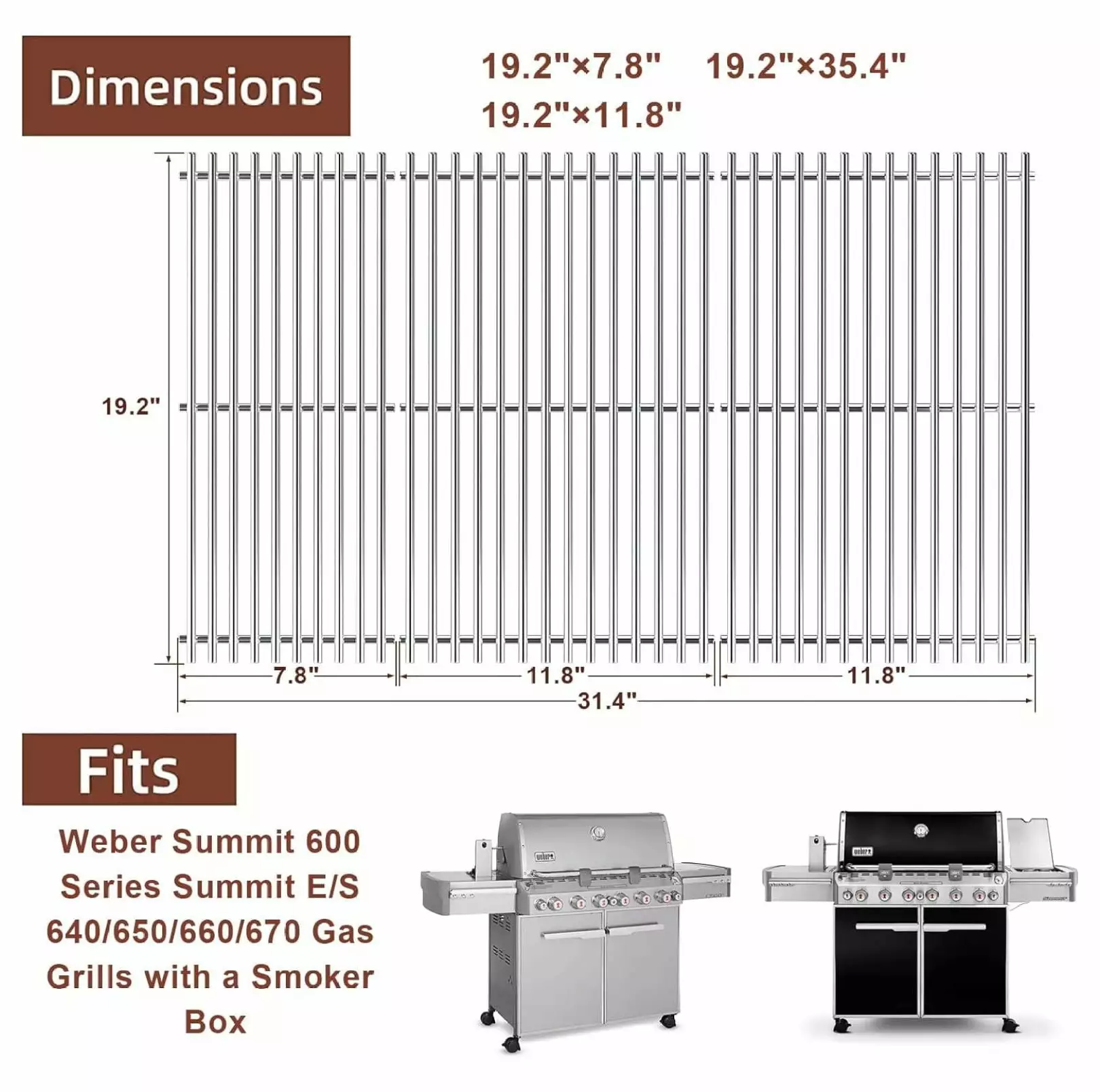 Alieon 304 Stainless Steel Cooking Grates Weber Summit 600 Series Gas Grills Smoker Box - Set 3