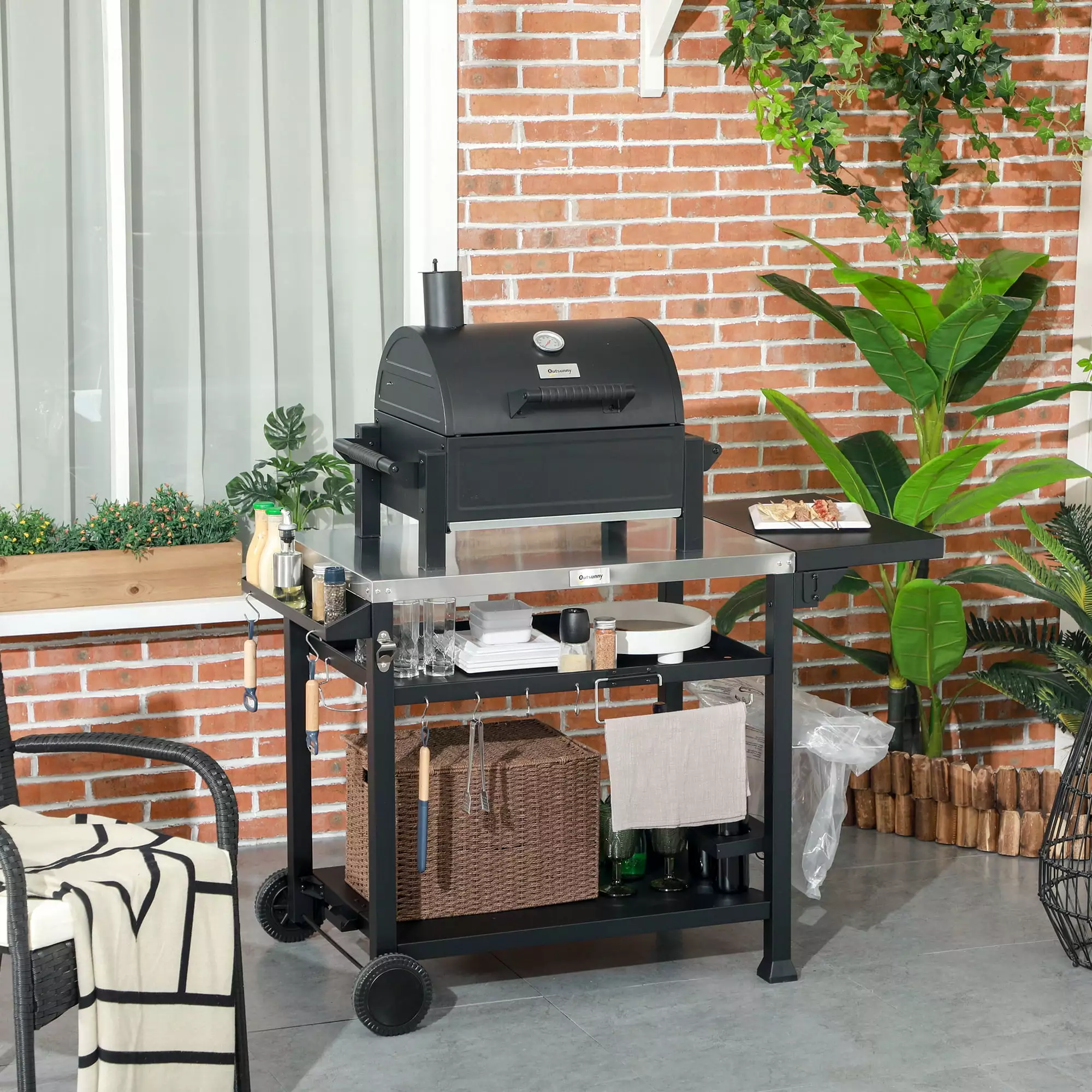 Outsunny Movable Stainless Steel 3-Shelf Outdoor Grill Cart Side Table Patio Cooking and Prep