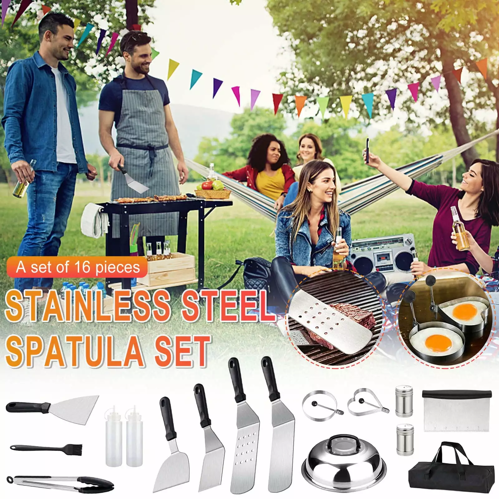Ozmmyan Griddle Accessories Kit 16PCS Flat Top Grilling Tools Set Stainless Steel BBQ Spatula Kit Carry Bag