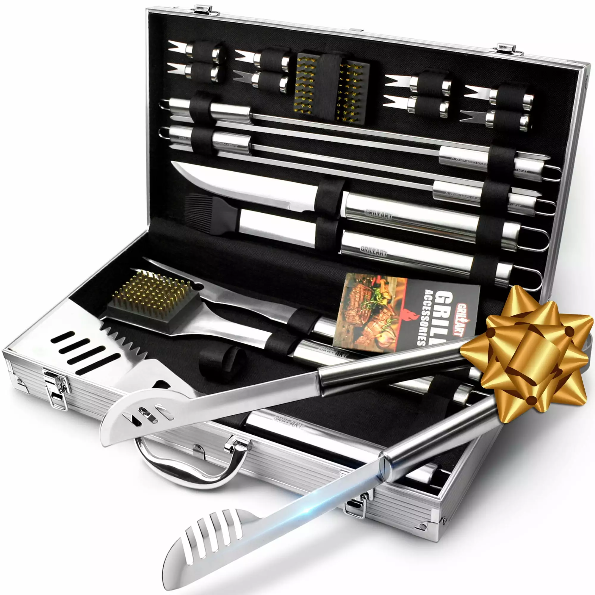 GRILLART 19-Piece Stainless Steel BBQ Grill Utensil Set Aluminum Case - Perfect Gift Dad