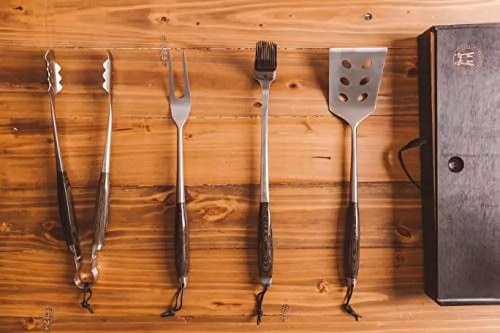 Schmidt Brothers BBQ Carbon 6 4-Piece Stainless Steel Grilling Accessory Set Wood Handles TIEGUZHENGZHENG