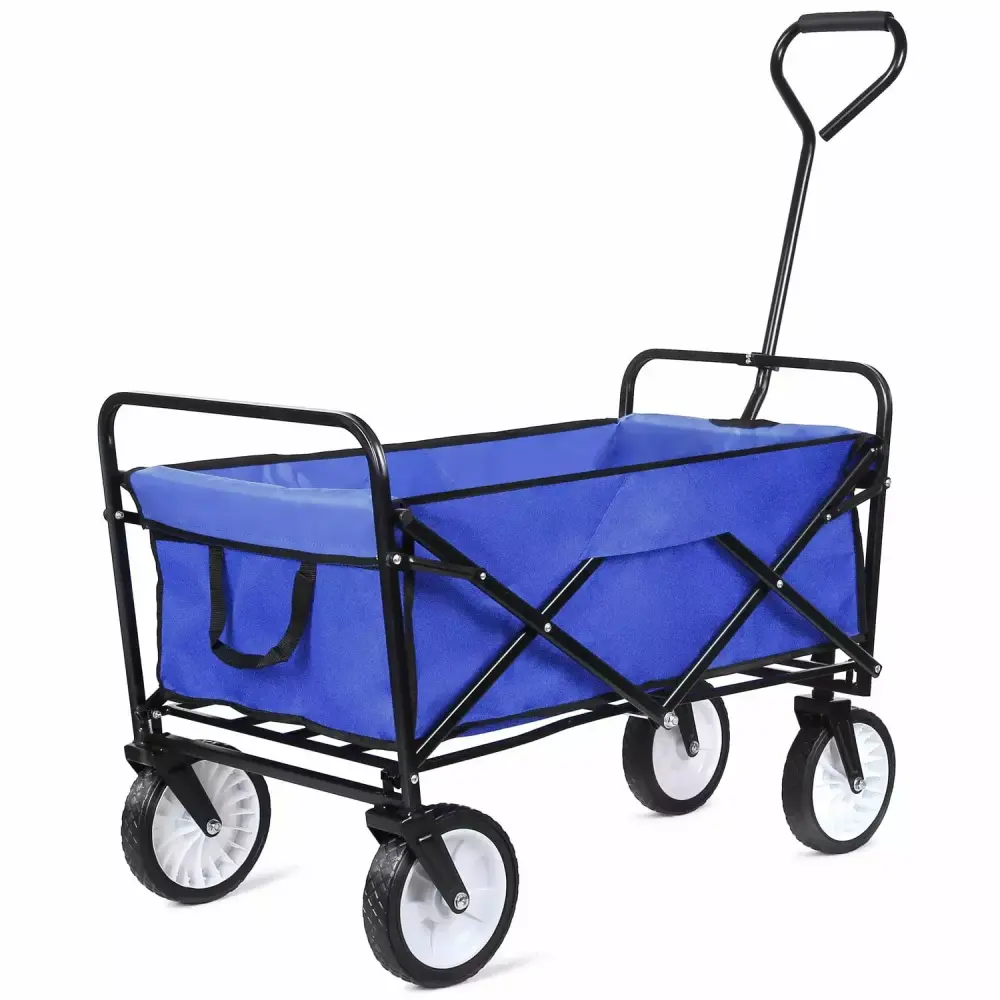 Grocery Cart Wheels Collapsible Outdoor Utility Wagon All-Terrain Wheels Heavy Duty Beach Wagon Drink Holder Blue