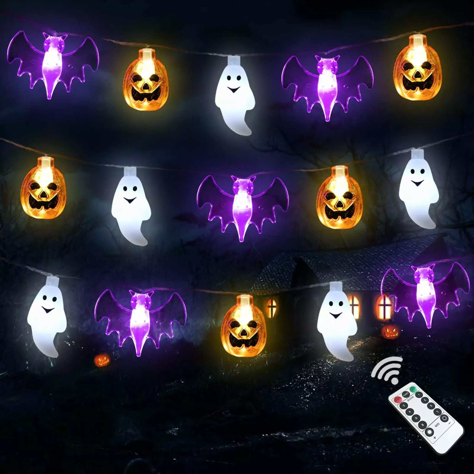 16FT 30 LED Halloween String Lights Pumpkin Bat Ghost Battery Operated 8 Modes Indoor Outdoor Decor Sbomiaort
