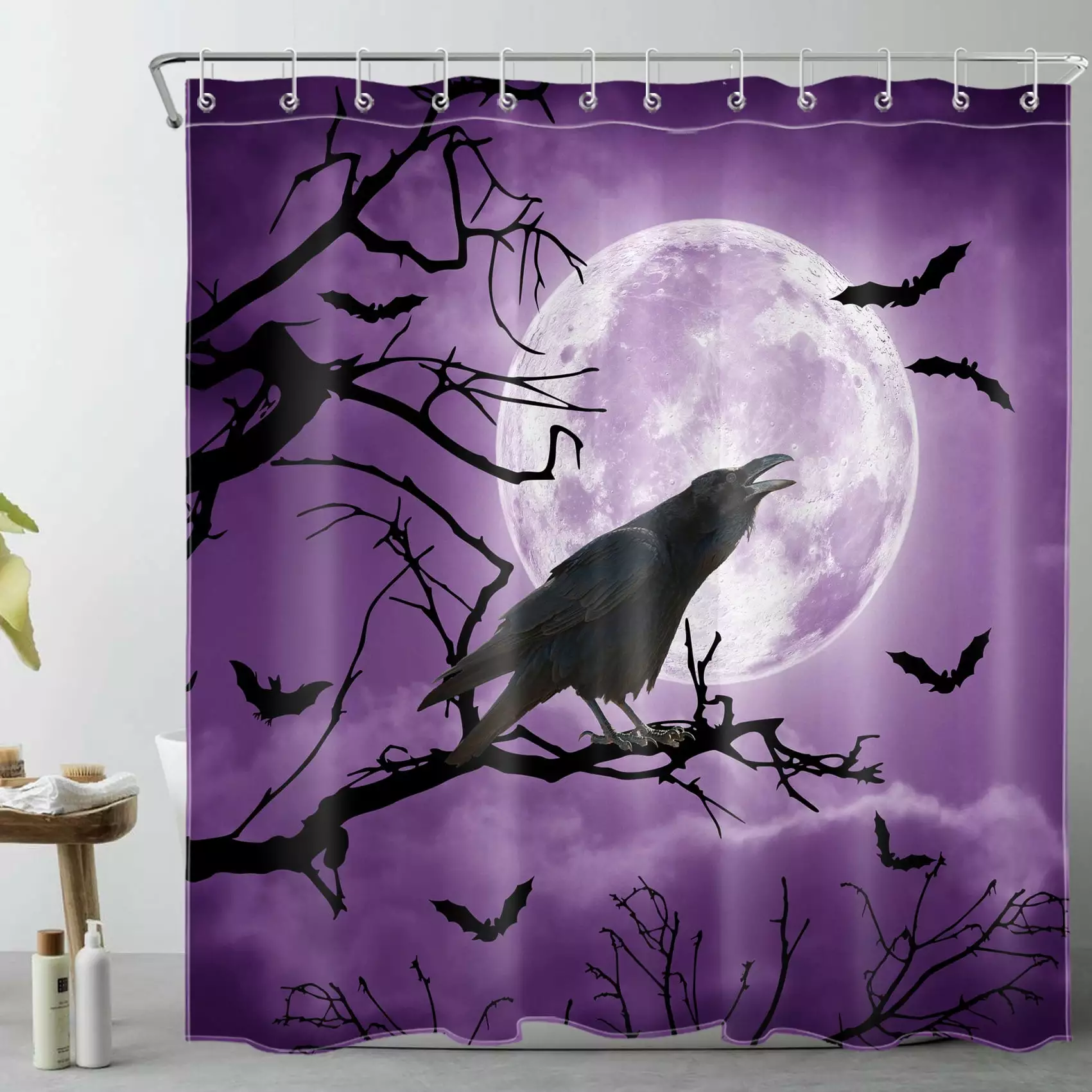 HVEST Purple Halloween Shower Curtain 72x78 Inch Black Crow and Bat Dead Tree Full Moon Bathroom Decor