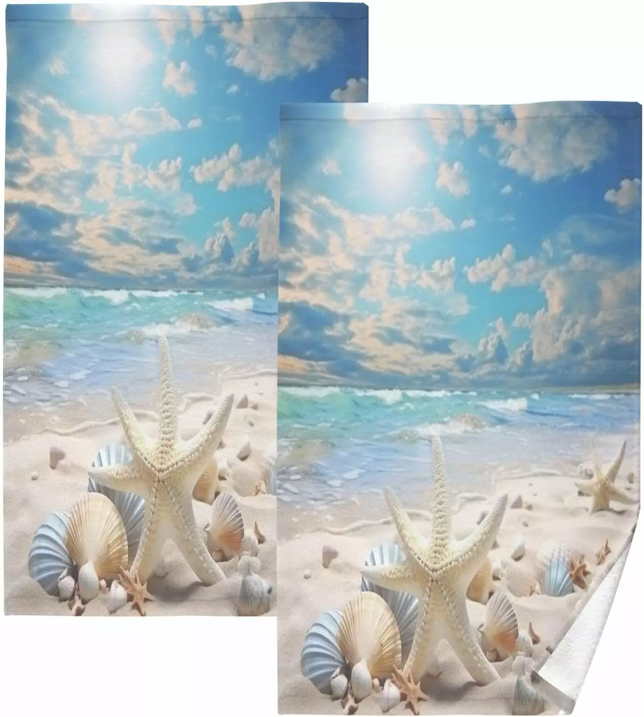 Coolnut Starfish Summer Beach Cotton Hand Towel Set 2 - Soft Absorbent Towels Bathroom Kitchen 16x28