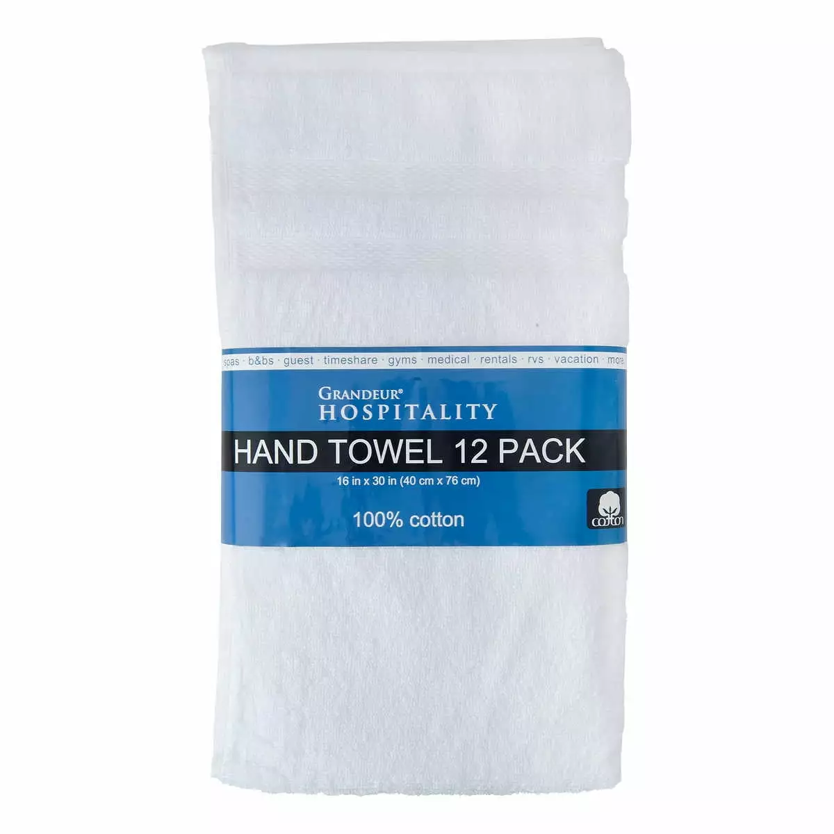 12 Pack Grandeur 100% Cotton Hospitality Hand Towels - White 16x30 Inches Grandeur Hospitality