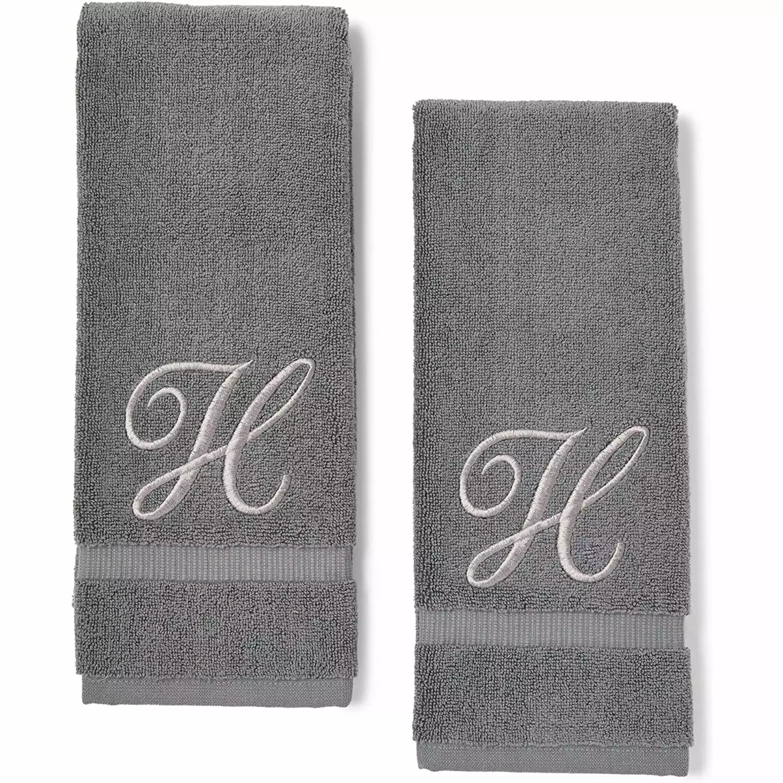 2 Pack Letter H Monogrammed Hand Towels Gray Cotton Silver Embroidered Initial 16x30 Inches Juvale