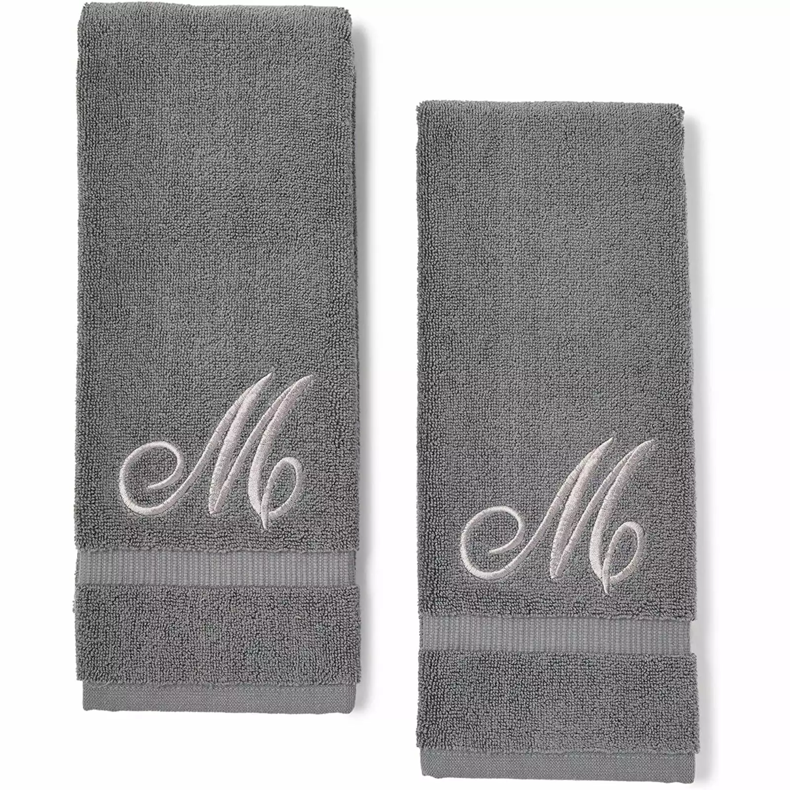 2 Pack Letter M Monogrammed Hand Towels - Gray Cotton Towels Silver Embroidered Initial Wedding Baby Shower Juvale