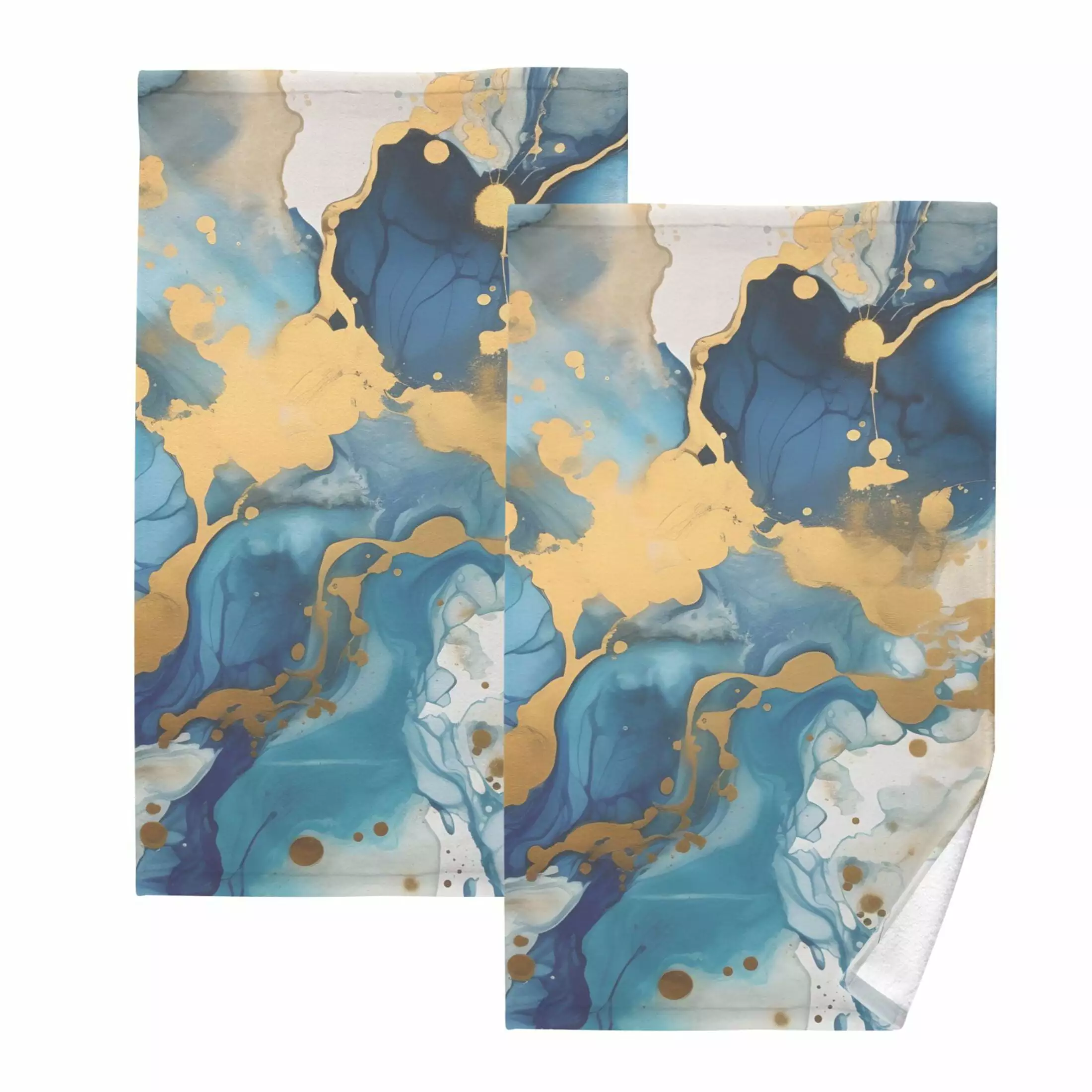 2 Pack Sapphire Blue Gold Marble Cotton Hand Towels - Soft Absorbent Face Towels Bathroom Kitchen 16x28 OREZI
