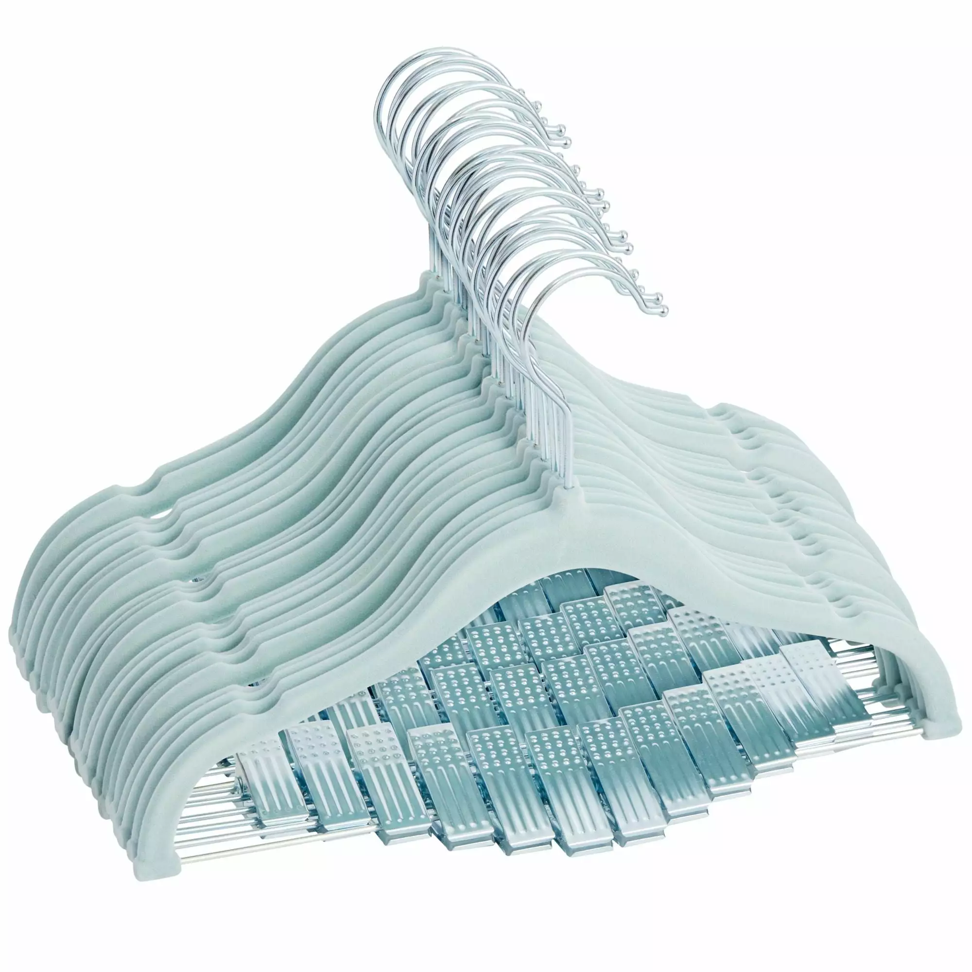 24-Pack Light Blue Velvet Hangers Movable Clips Baby and Kids Clothes Space-Saving Non-Slip Juvale