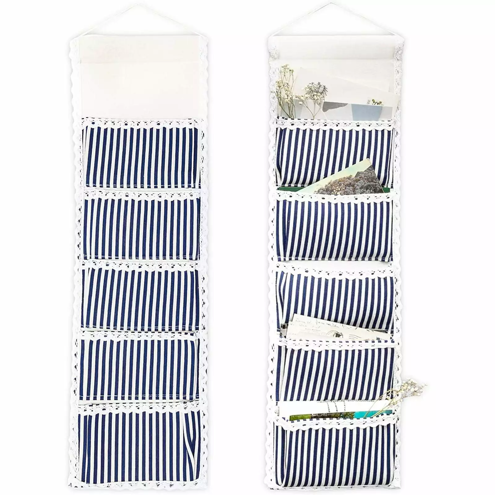 2-Pack Over Door Closet Wall Hanging Organizer 5 Pockets Lined Cotton Fabric Blue Stripes Juvale