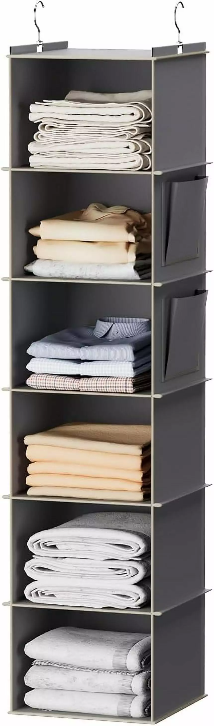 YOUDENOVA 6-Shelf Cloth Hanging Storage Side Pockets Grey Closet Organizer