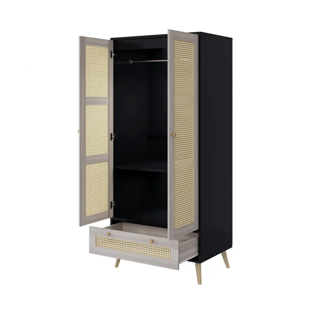 Tall Armoire Wardrobe Closet 2 Rattan Doors & 1 Drawer, Boho Clothes Storage Cabinet Hanging Rod Bedroom - Organic / Black...