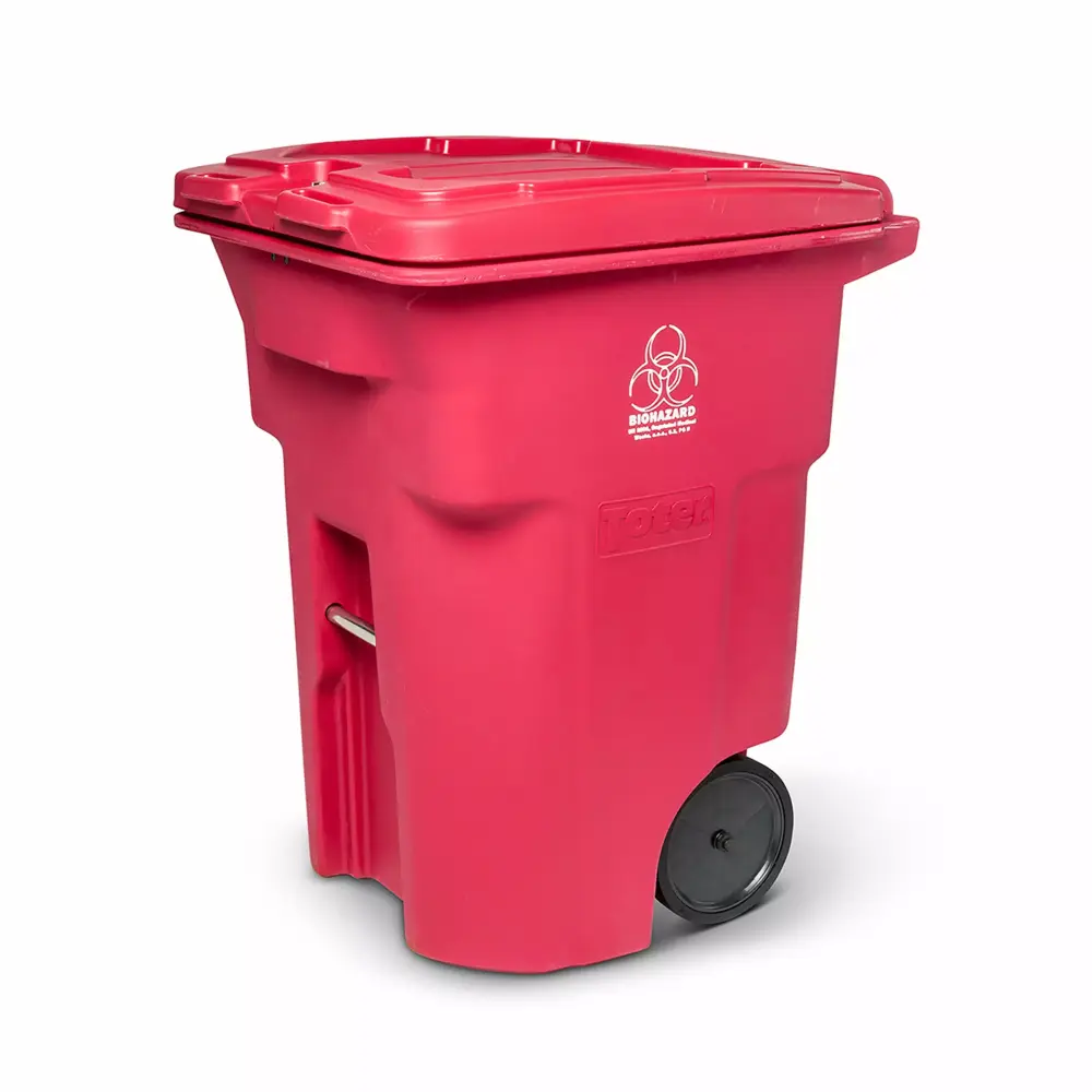 Toter 96 Gallon Red Hazardous Waste Trash Can Wheels and Lid Lock