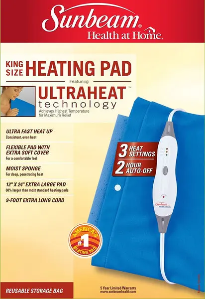 Sunbeam 722-810 King Size Heating Pad UltraHeat Technology Blue 12 x 24 Inches