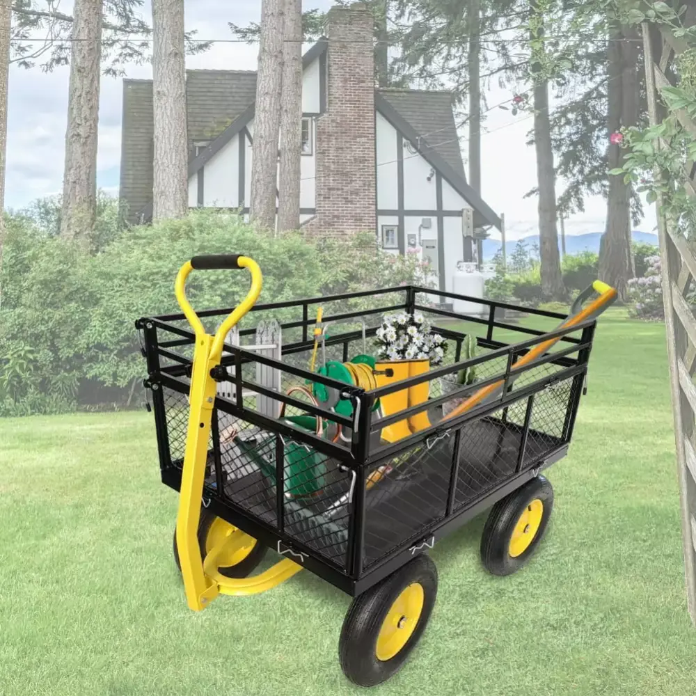 1400 Lbs Heavy Duty Garden Cart Utility Metal Wagon Removable Mesh Sides 2--1 Handle 16-inch Tires Convertible Flatbed
