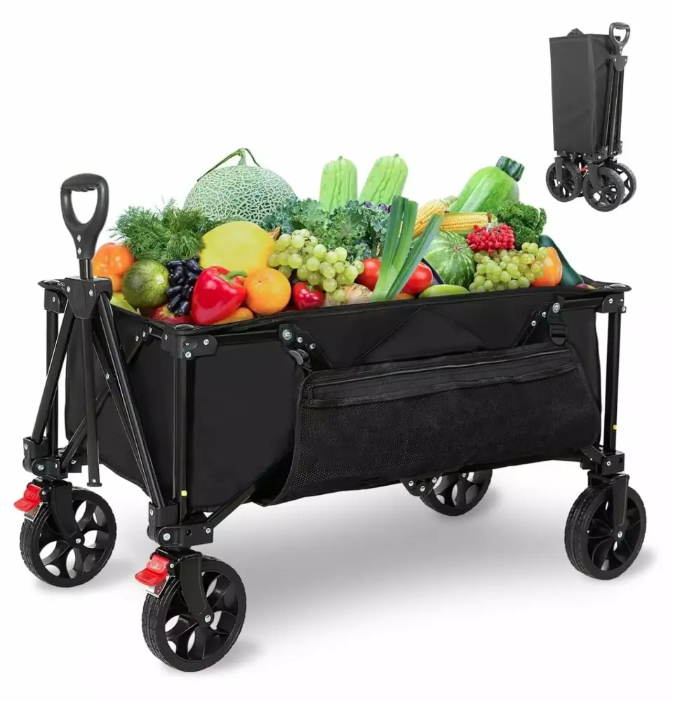 Collapsible Folding Wagon Cart Heavy Duty Grocery Cart Wheels and Side Pocket Garden Utility Cart Wheelbarrows Beach Campi...