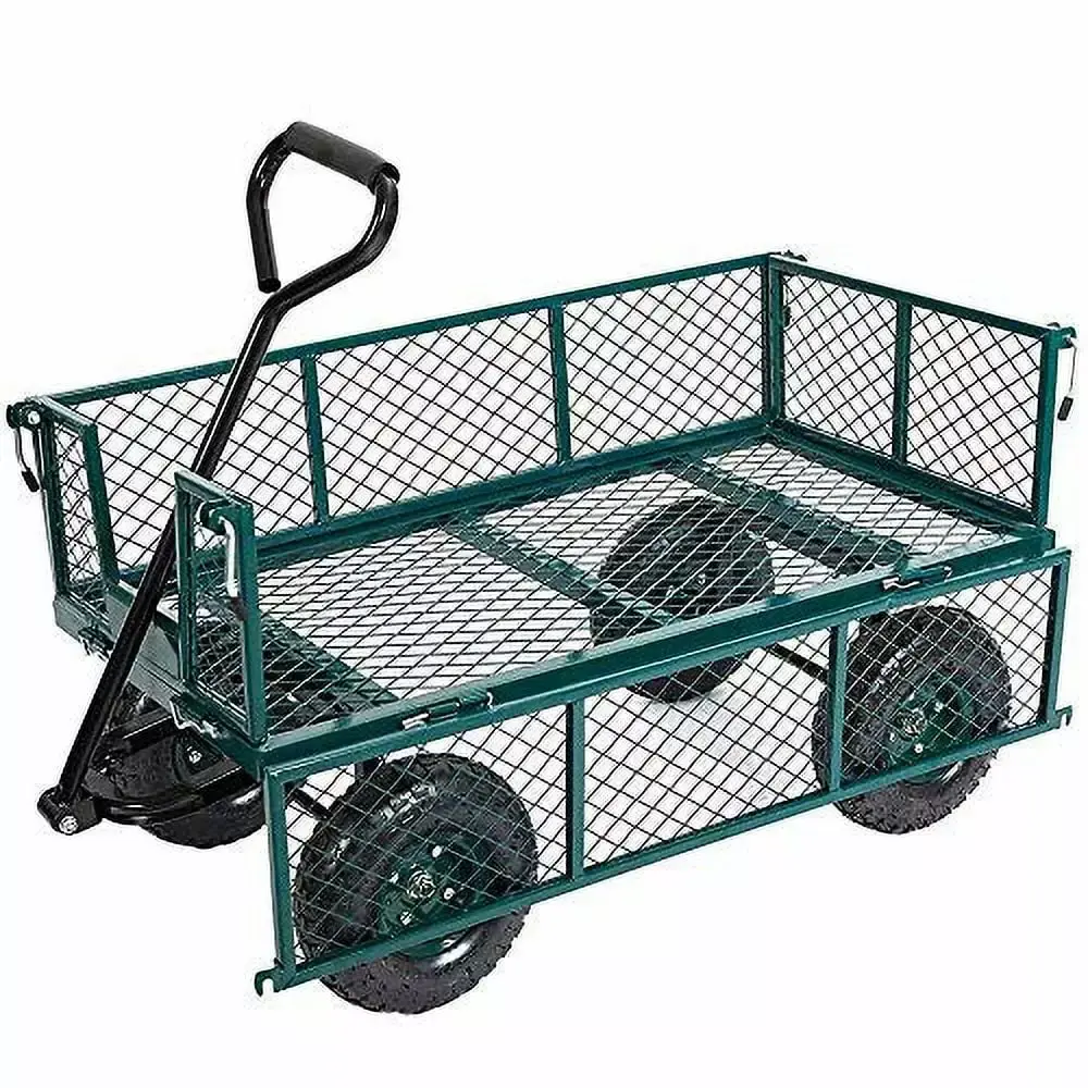 Garden Cart Wagon Heavy Duty 550lb Capacity Mesh Steel Metal Wagon Removable Sides and 10 Tires Green Garden